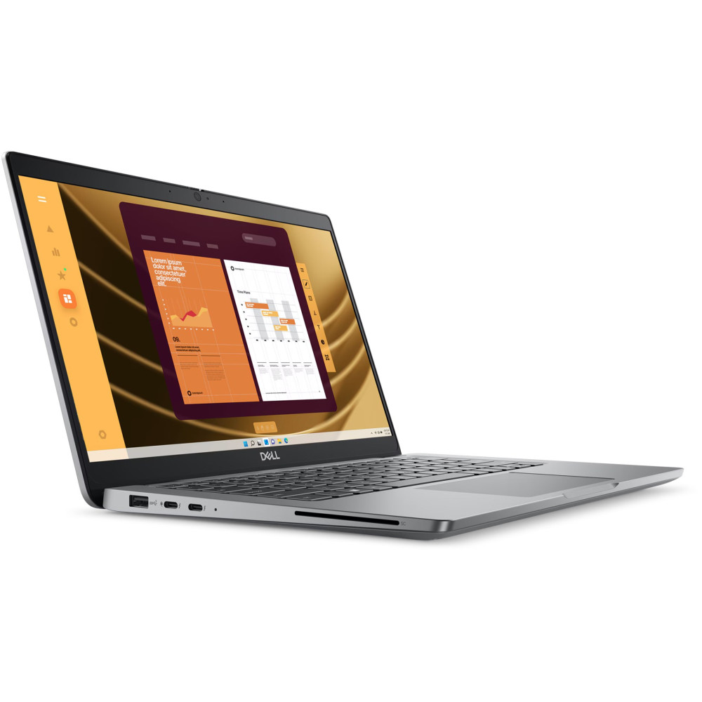 Srebrny laptop Dell wyświetla kolorową prezentację cyfrową na ekranie na białym tle.