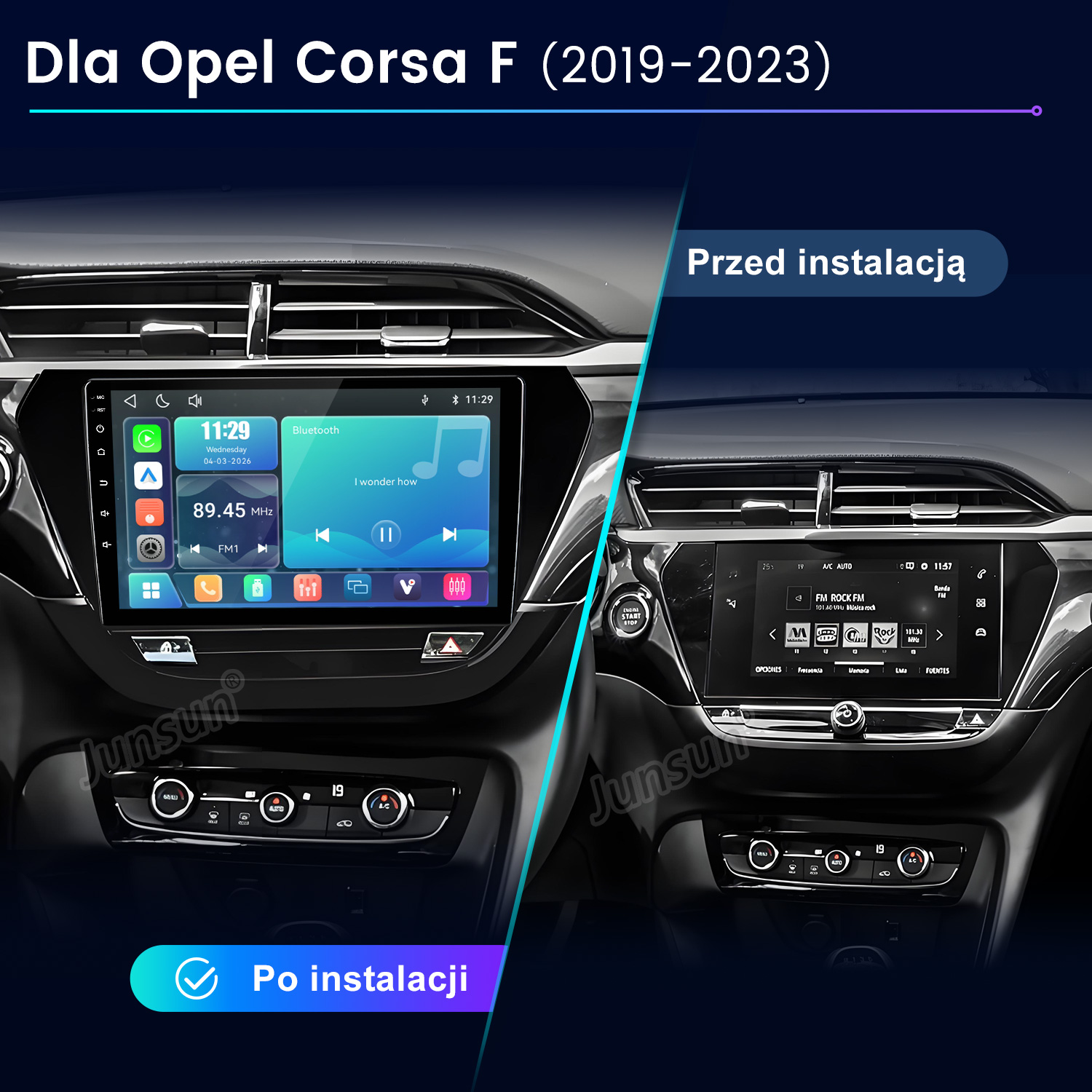 Porównanie deski rozdzielczej Opel Corsa F przed i po instalacji nowego ekranu multimedialnego.
