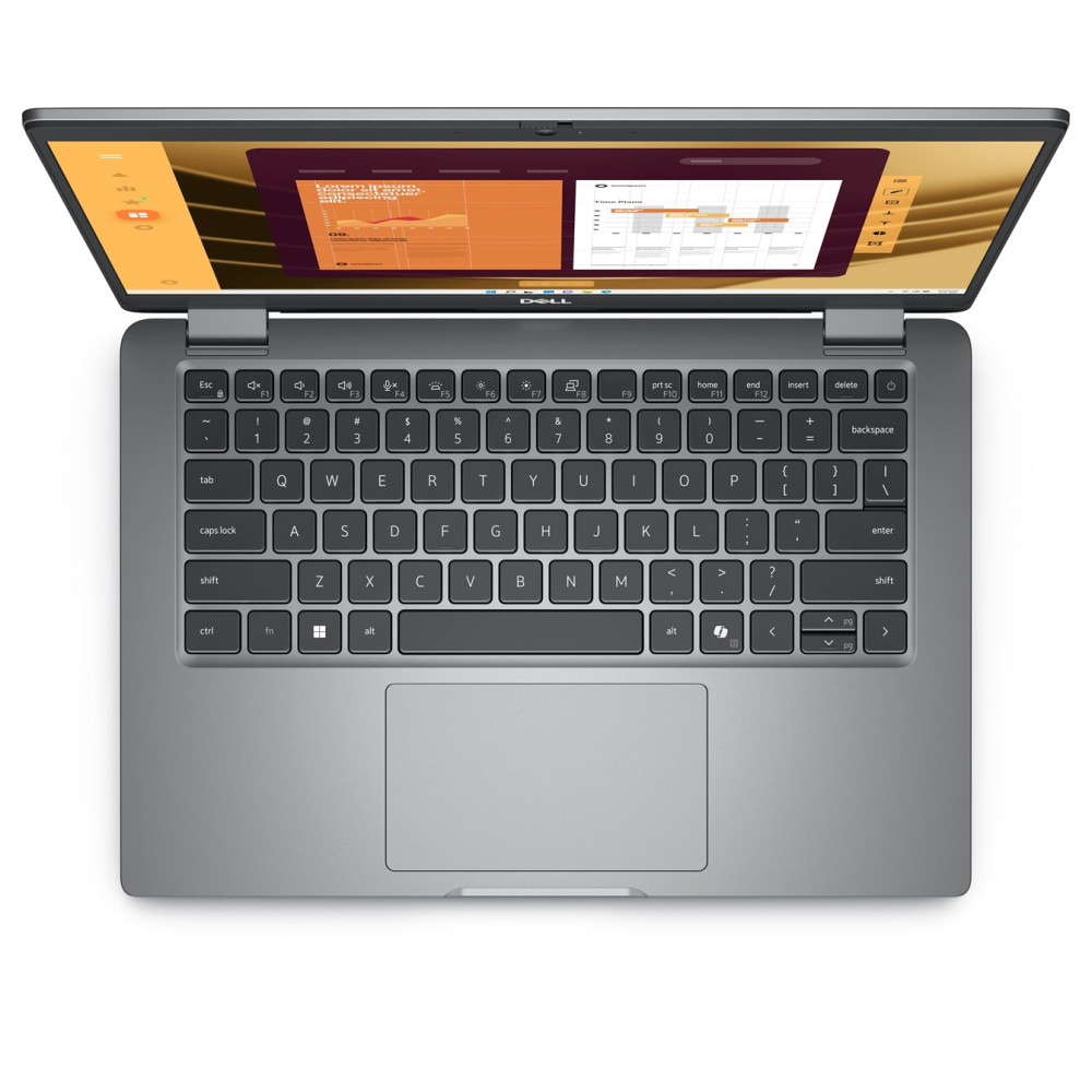Widok z góry na otwarty szary laptop Dell z klawiaturą, touchpadem i kolorowym interfejsem ekranu.