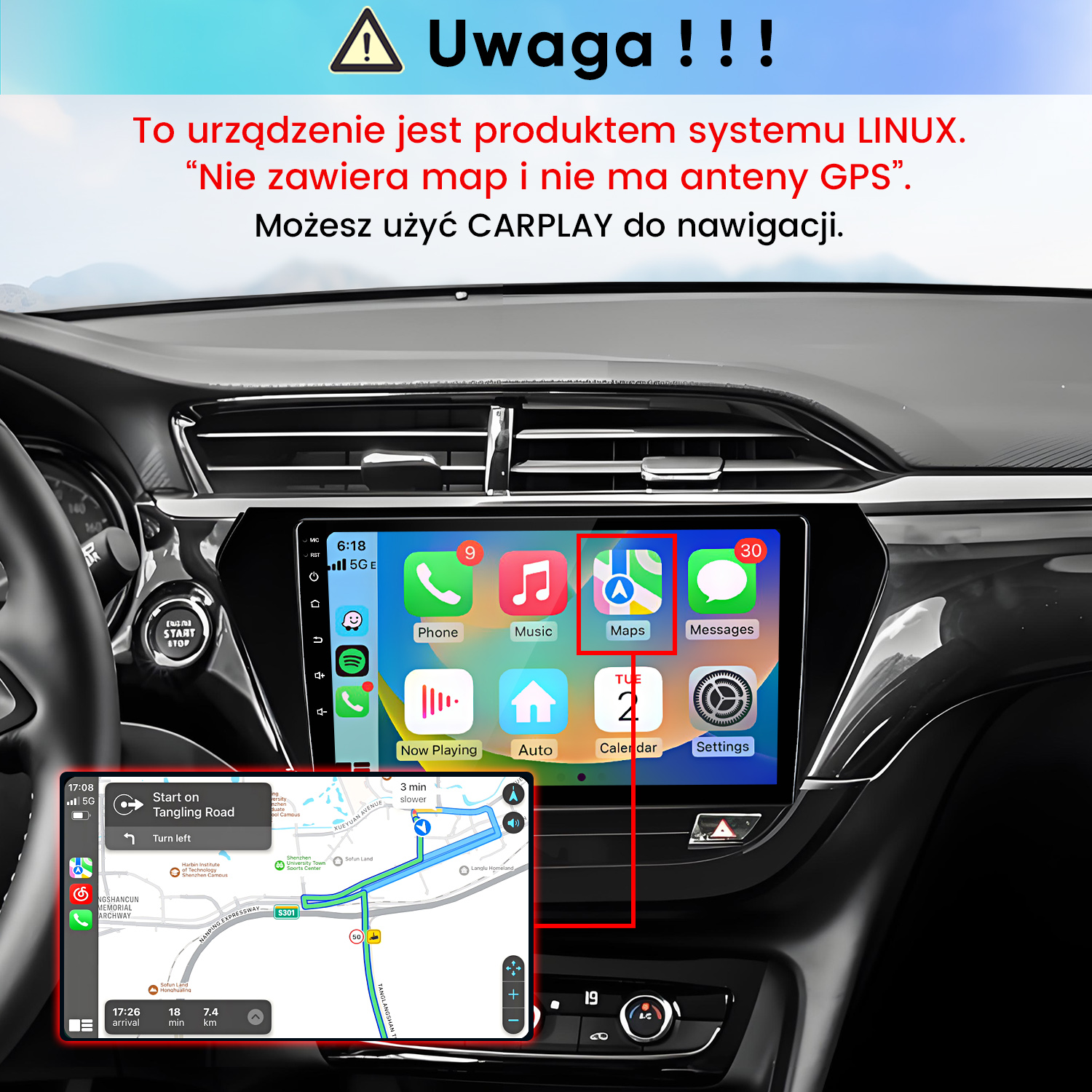Ekran Carplay na desce rozdzielczej samochodu wyświetla aplikacje takie jak Mapy i Muzyka.