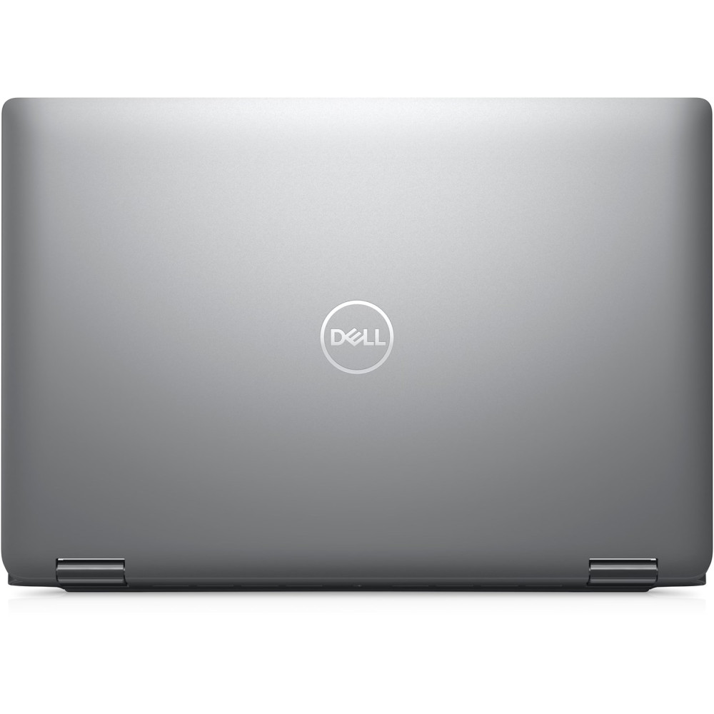 Zamknięty srebrno-szary laptop Dell widziany z góry na białym tle.