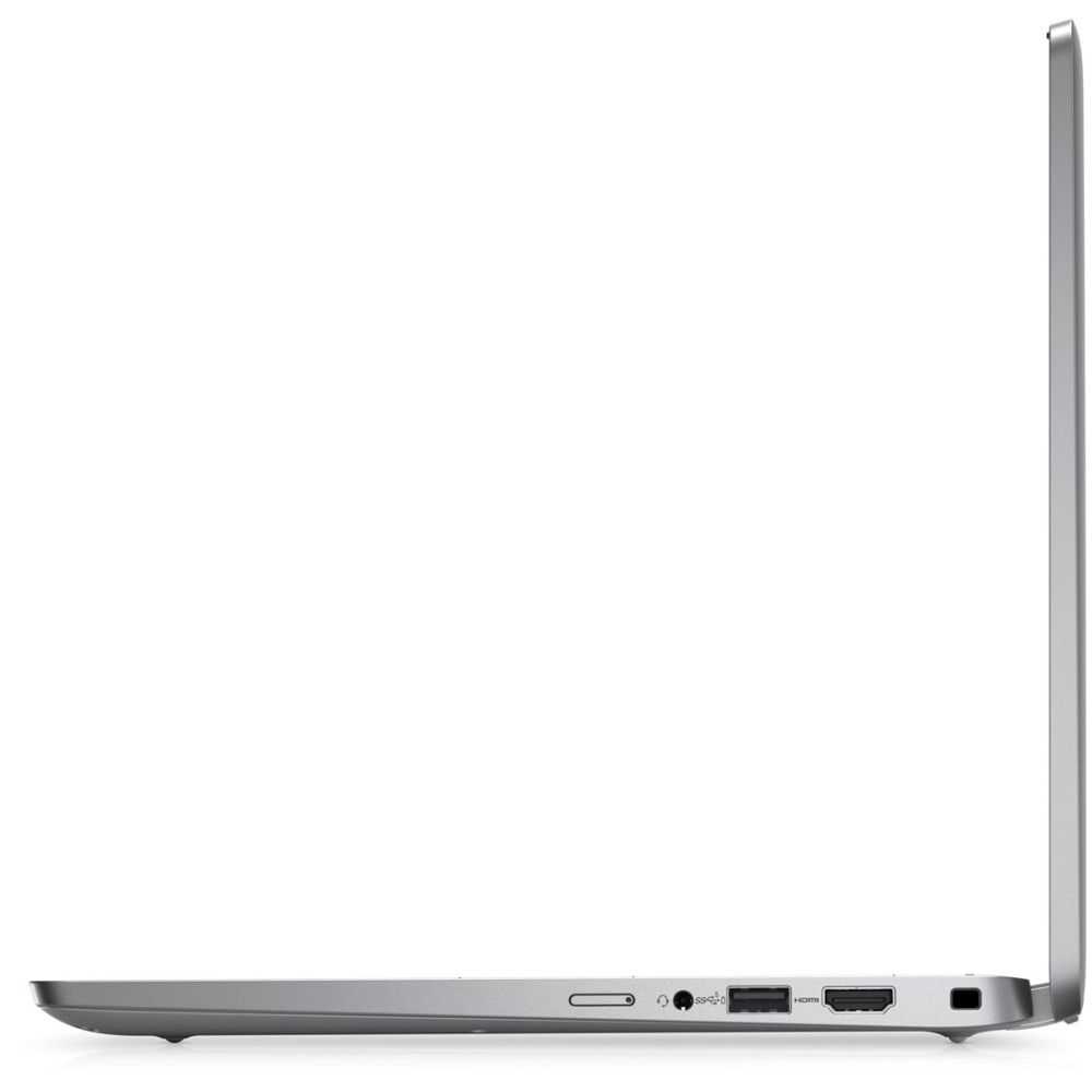 Widok z boku srebrnego laptopa z portami USB, HDMI i gniazdem słuchawkowym.