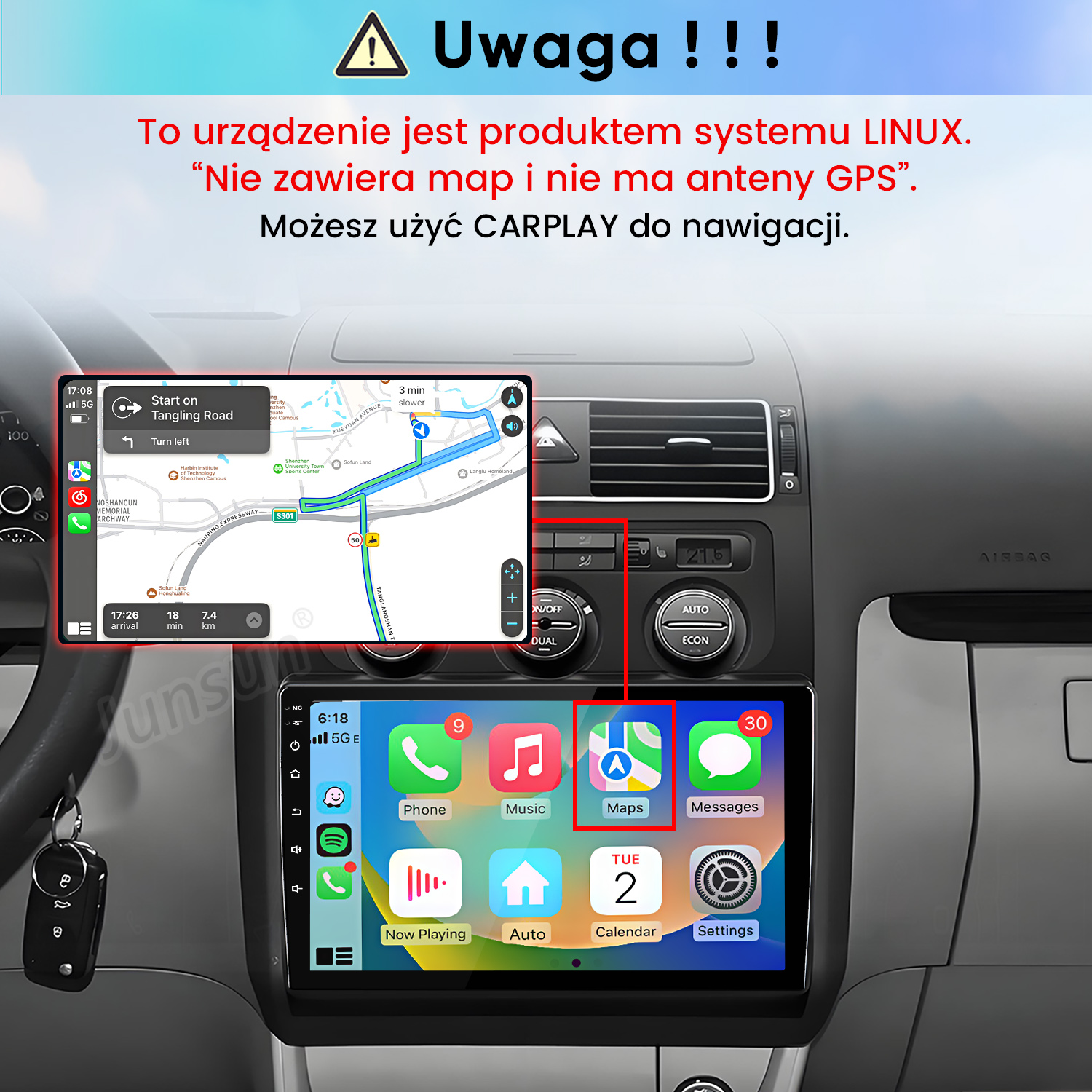 Radio samochodowe z systemem Linux, nawigacją CarPlay i aplikacjami.