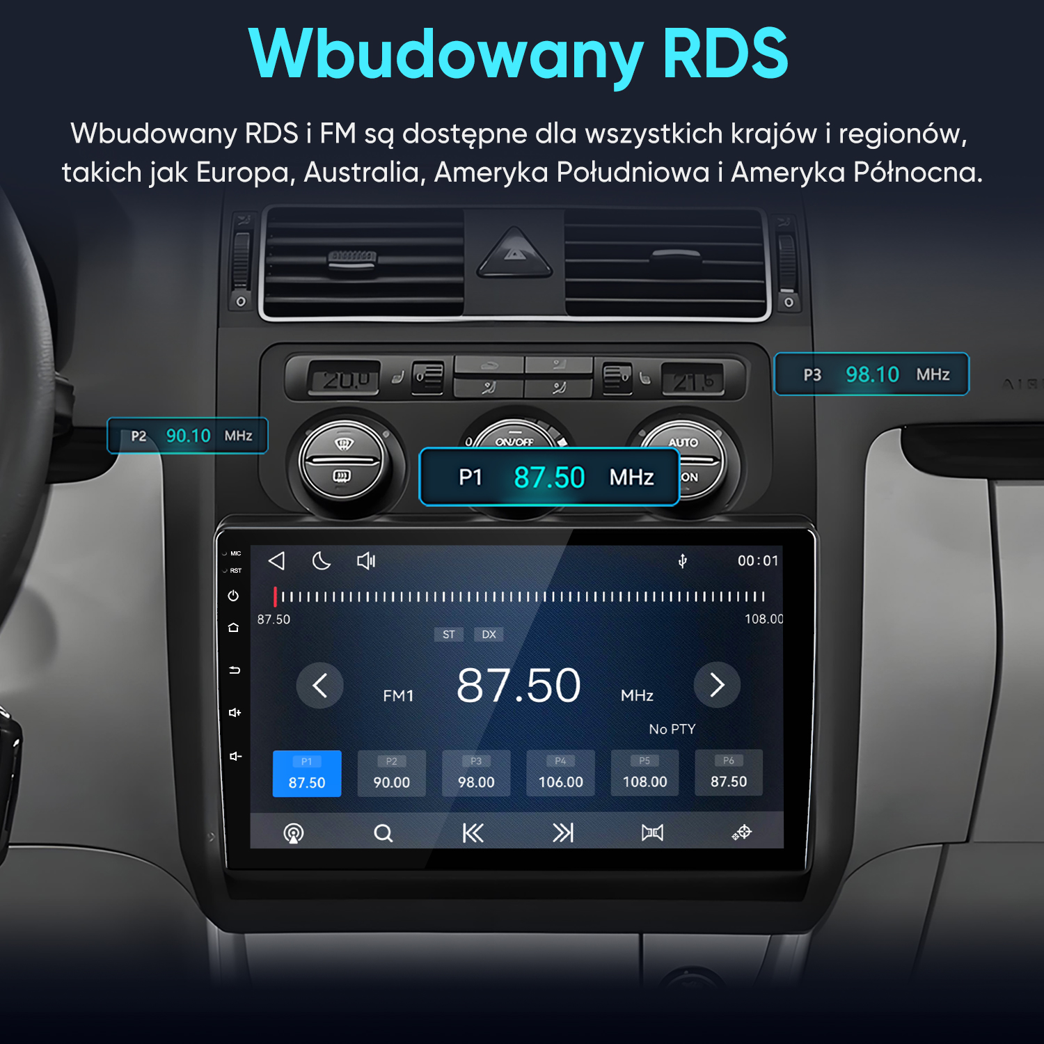 Deska rozdzielcza samochodu z ekranem multimedialnym, radiem FM 87,50 MHz i polskim tekstem.
