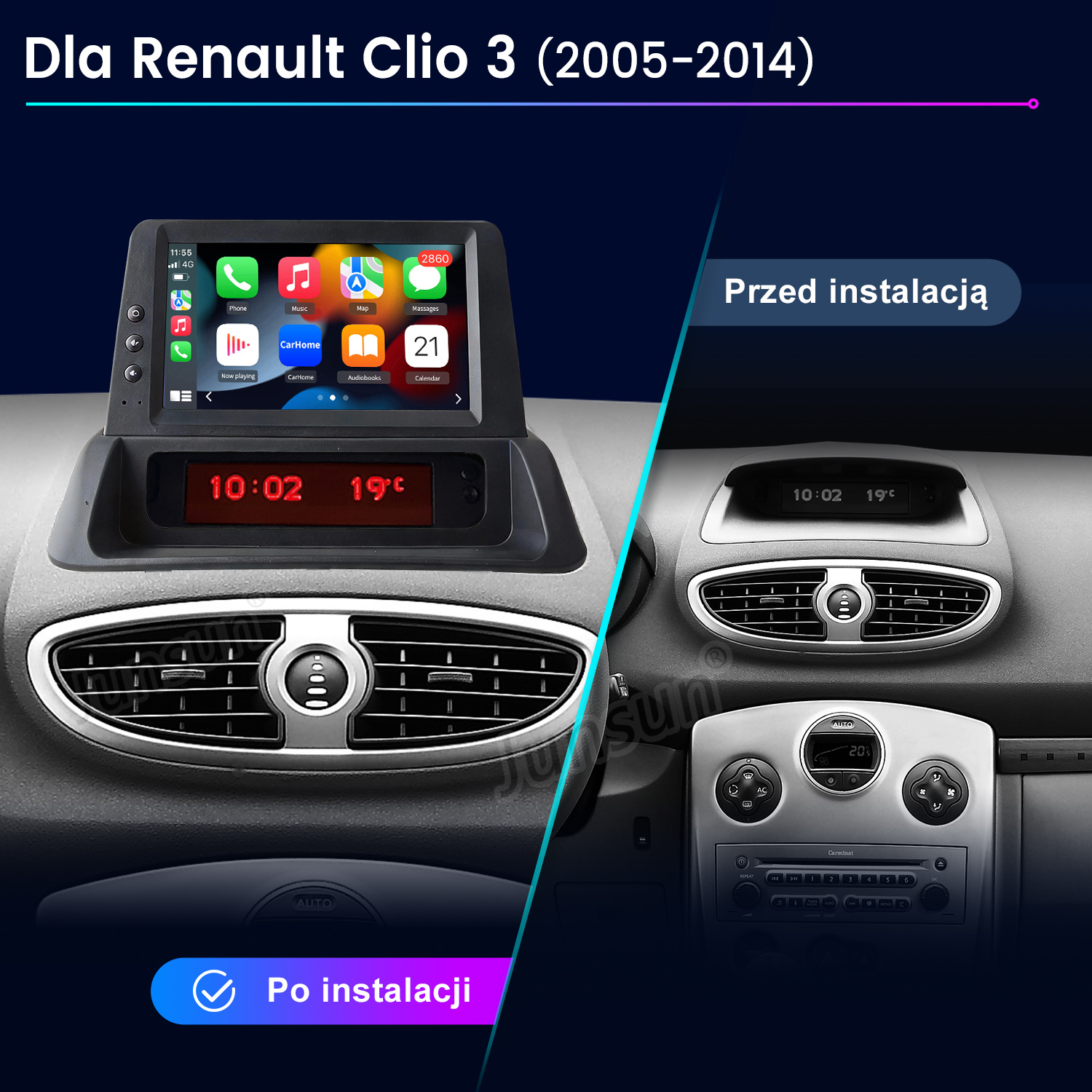 Porównanie deski rozdzielczej Renault Clio 3 przed i po instalacji nowego ekranu multimedialnego.
