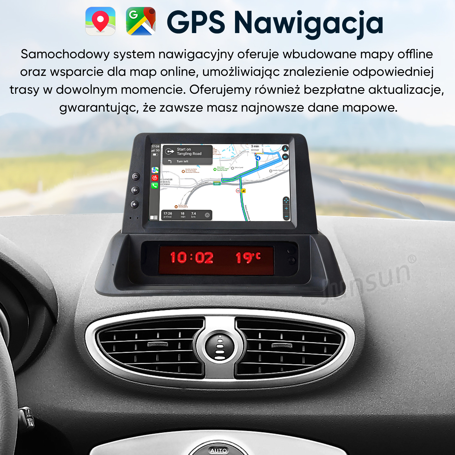Deska rozdzielcza samochodu z ekrana GPS, zegarem cyfrowym i nawiewami powietrza.