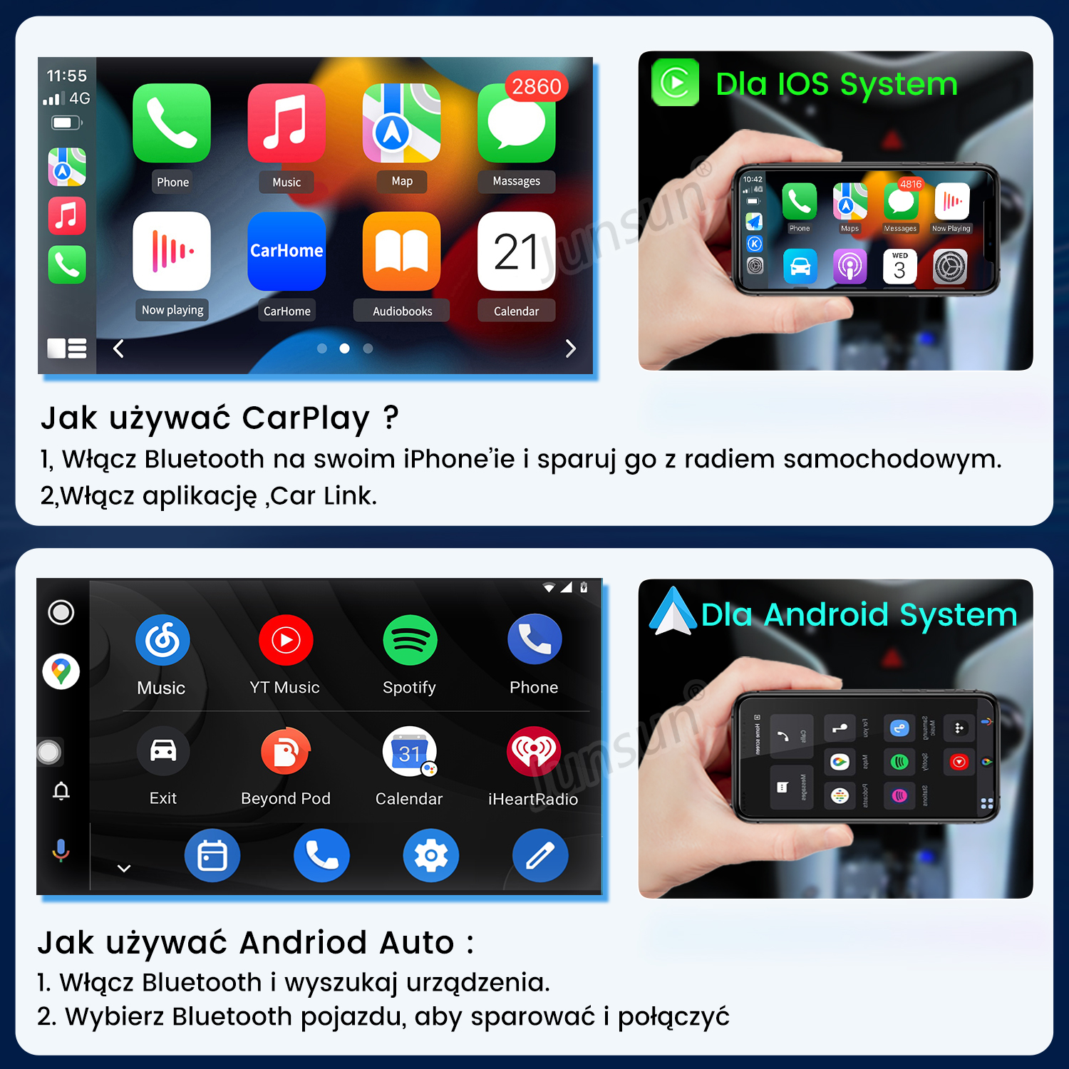 Instrukcje i widoki interfejsu CarPlay i Android Auto na ekranach samochodowych.