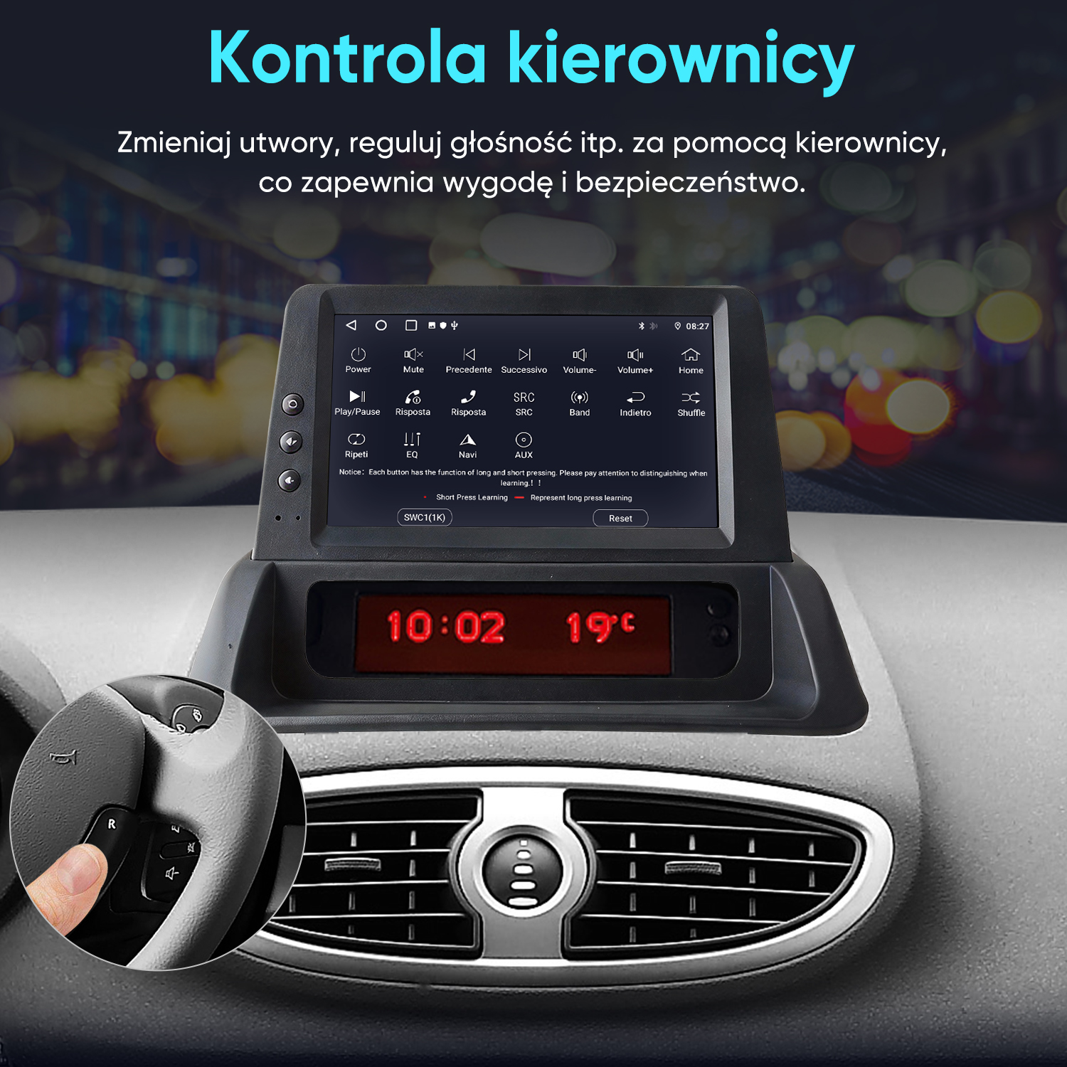 Wnętrze auta z ekranem dotykowym, zegarkiem i sterowaniem z kierownicy.