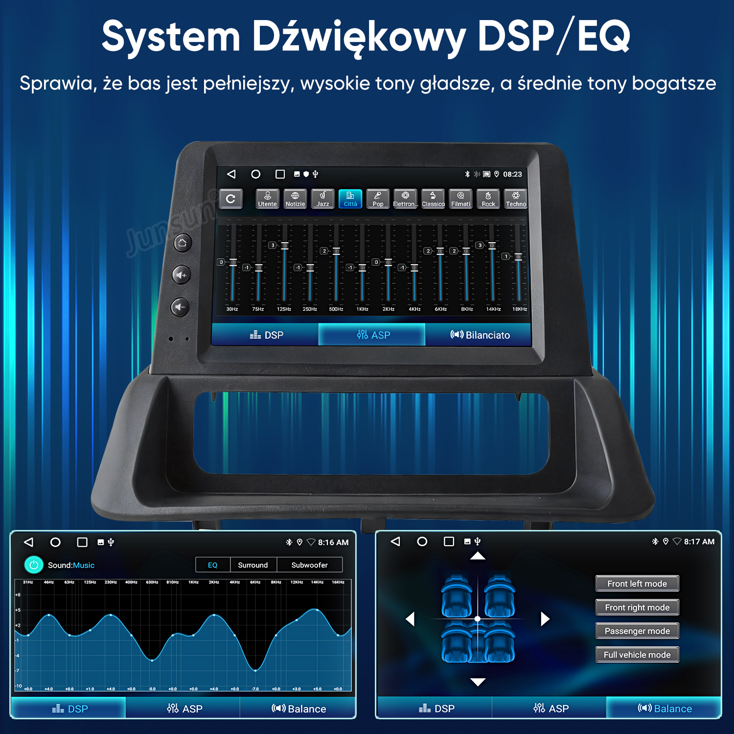 Wyświetlacz systemu audio w samochodzie pokazujący ustawienia korektora i tryby dźwięku.