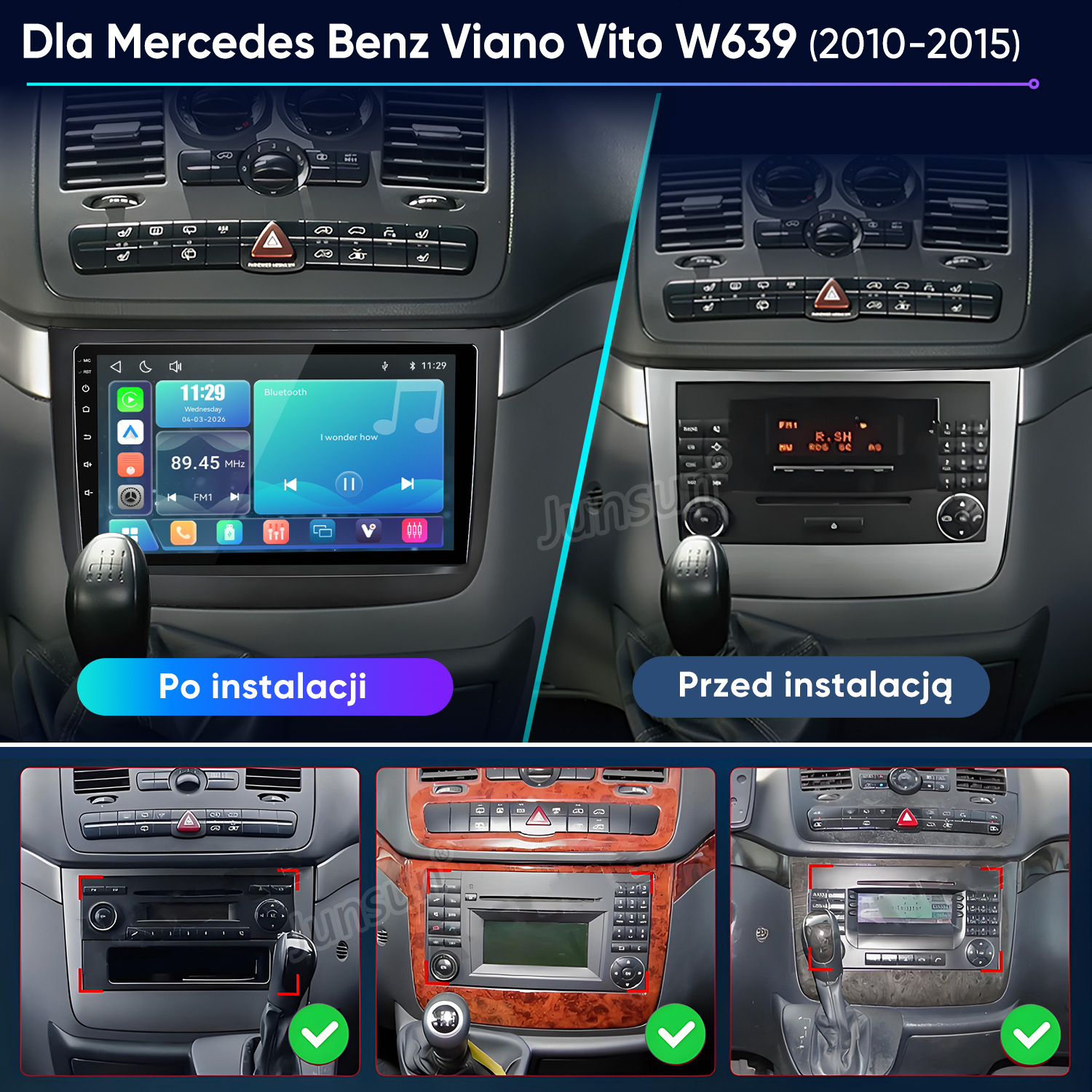 Porównanie deski rozdzielczej Mercedesa przed i po instalacji nowego radia dotykowego.