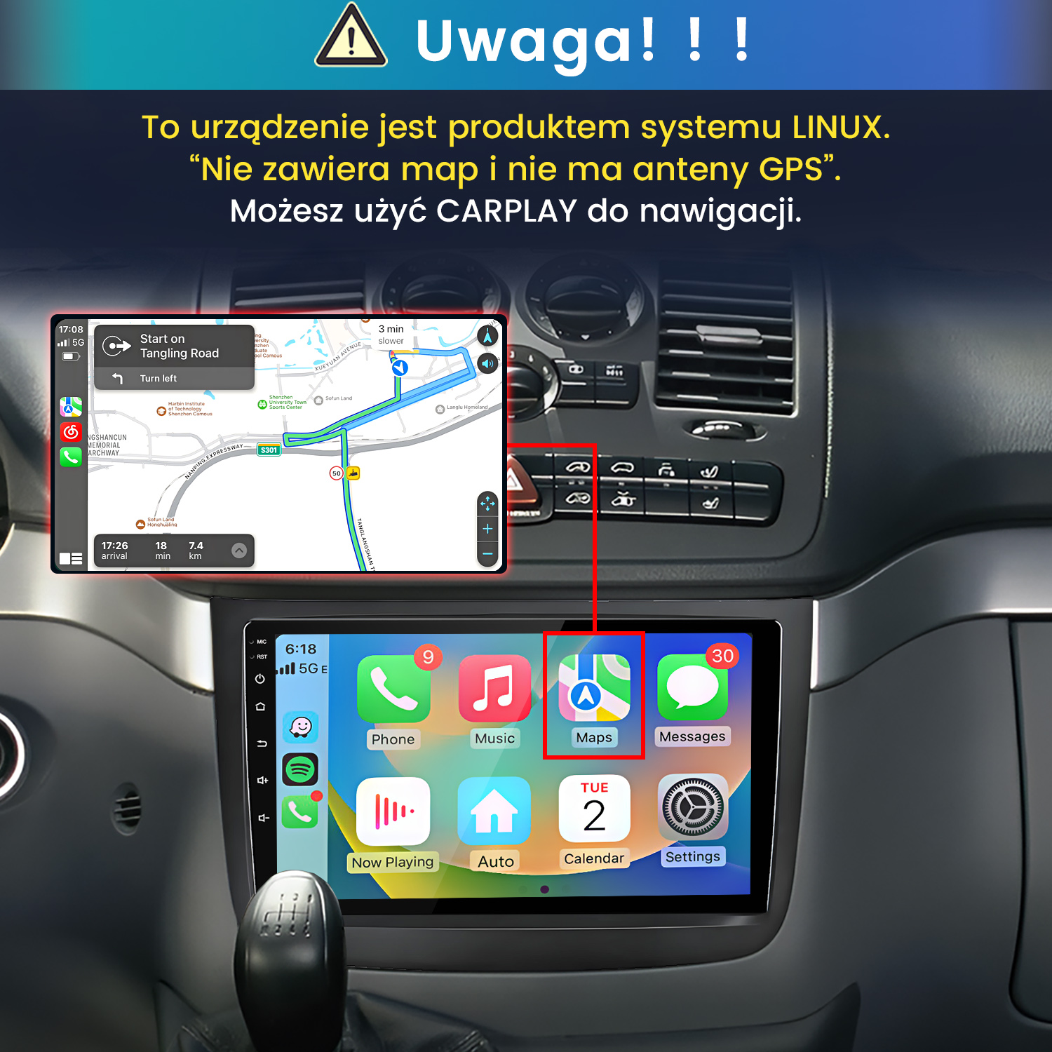 Radio samochodowe z systemem Linux i nawigacją CarPlay w desce rozdzielczej.