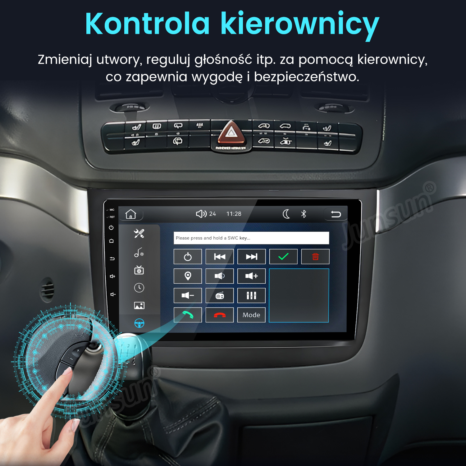 Wnętrze samochodu z wyświetlaczem pokazującym sterowanie z kierownicy.