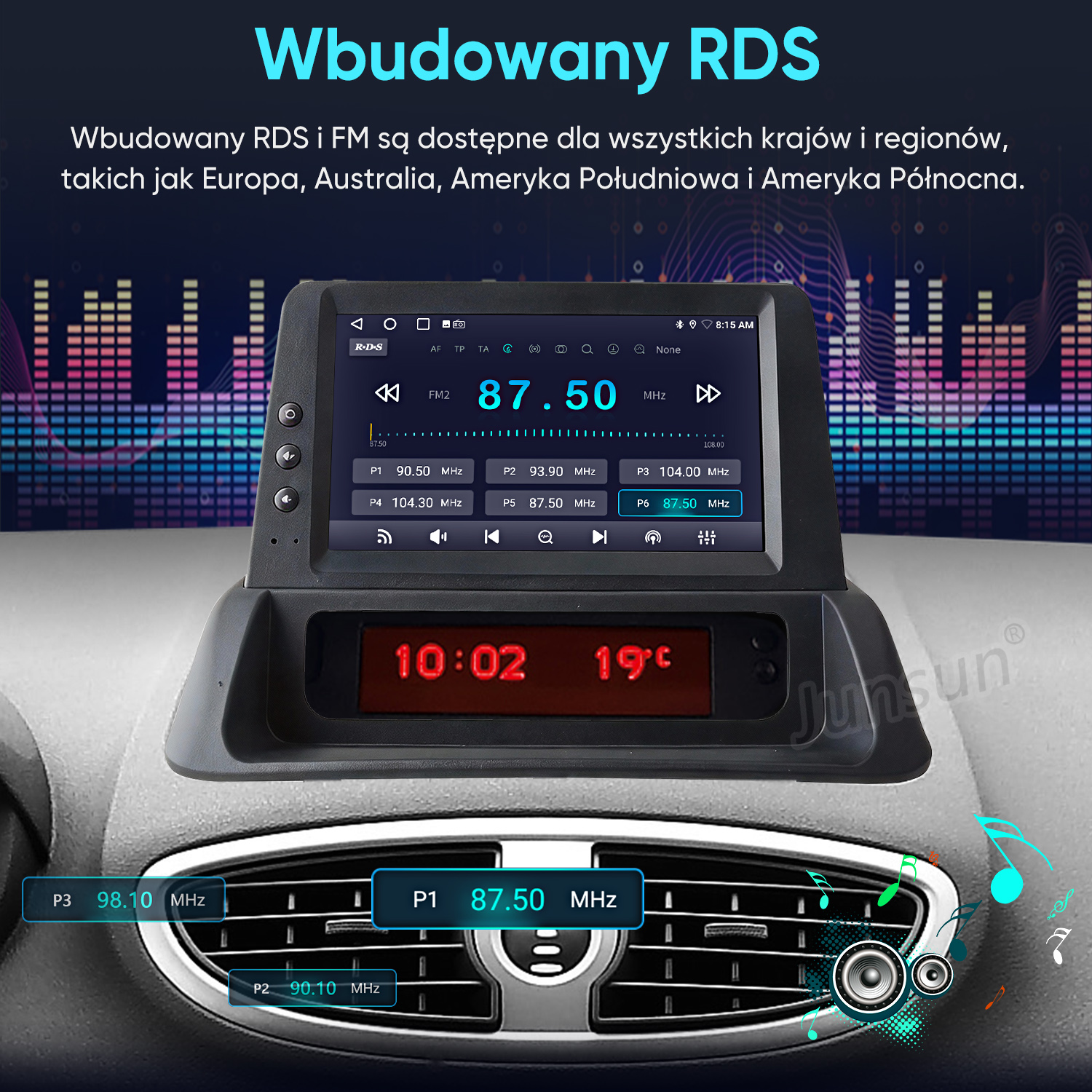 Deska rozdzielcza auta z radiem cyfrowym, zegarem 10:02, temperaturą 19C i nawiewami.