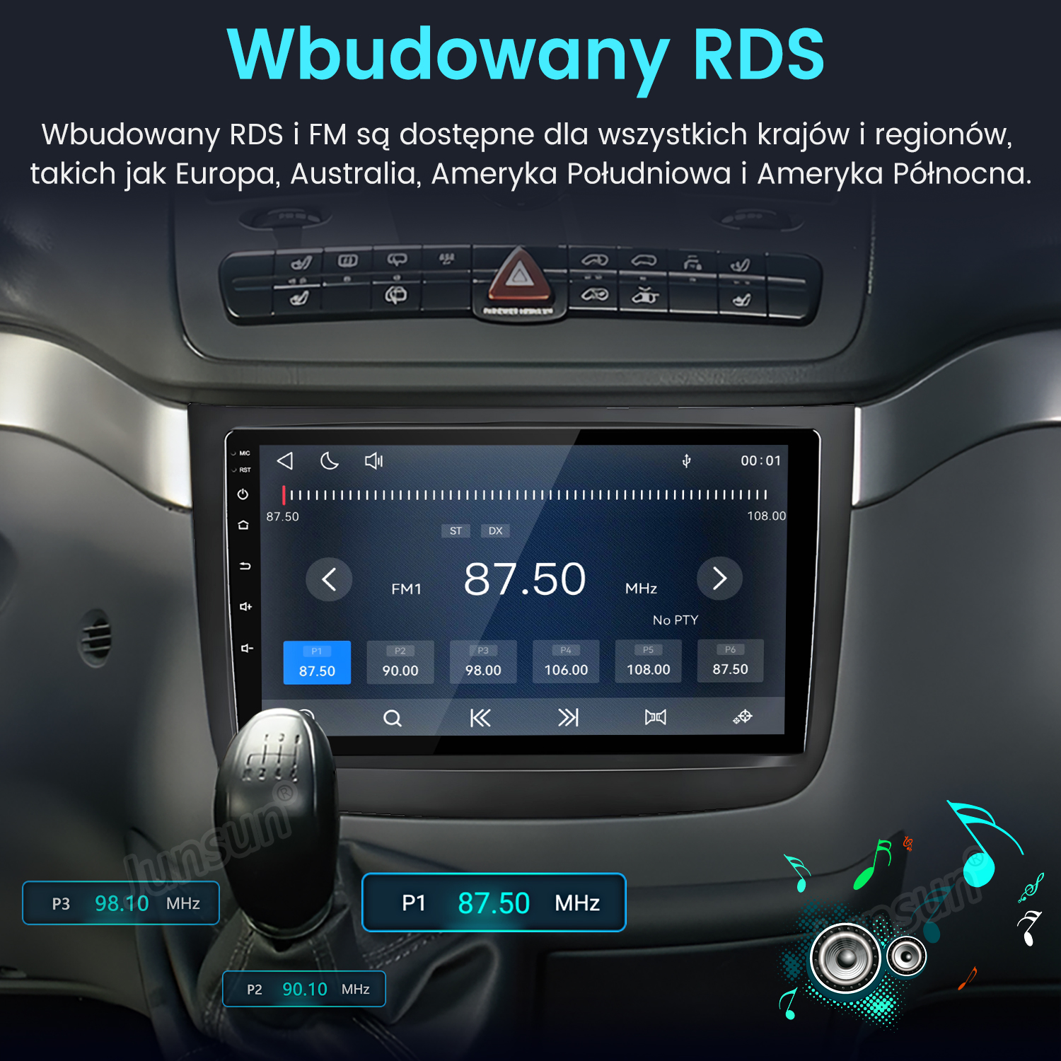 Radio samochodowe z tunerem FM i RDS, zamontowane w desce rozdzielczej, wyświetlające muzykę i częstotliwość.