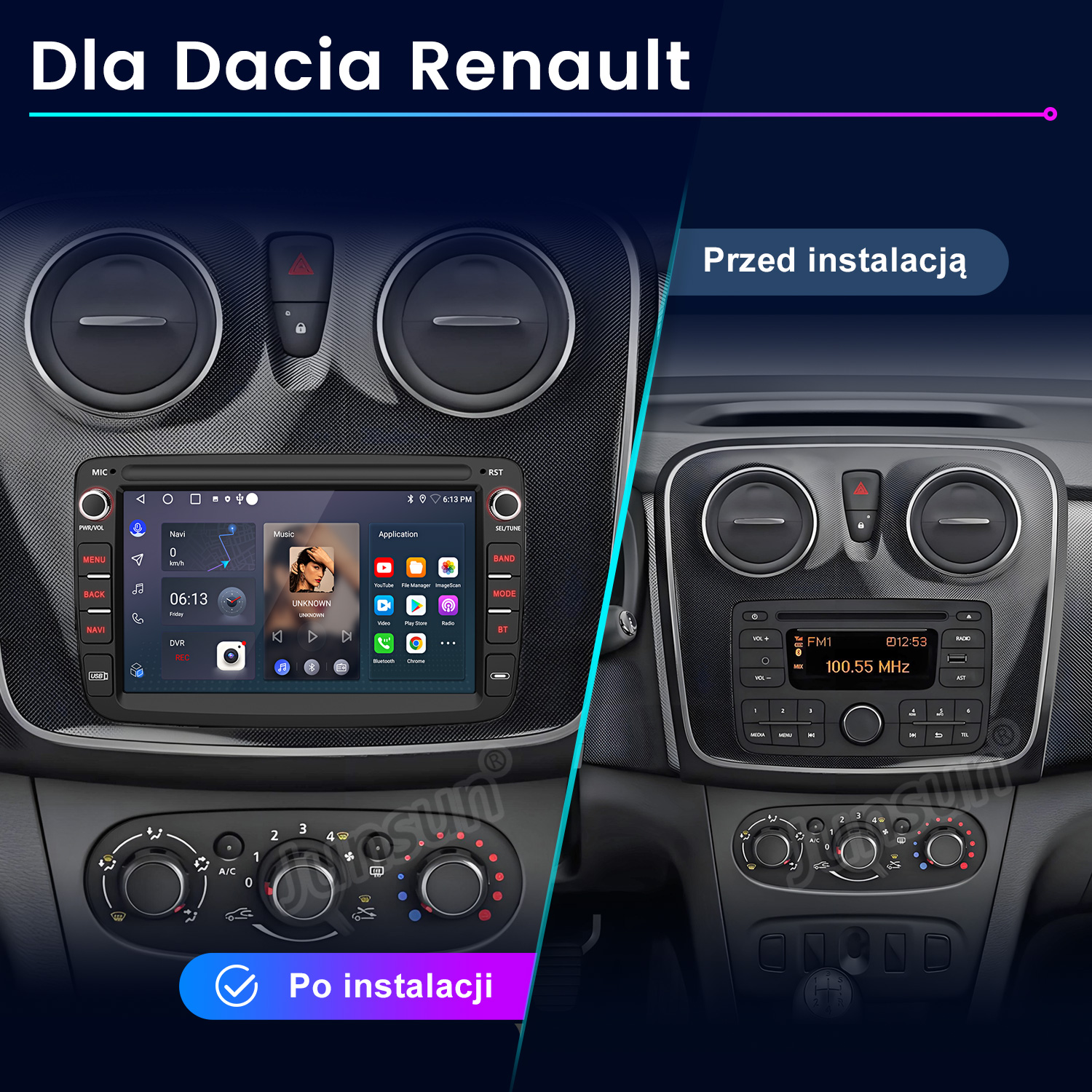 Porównanie przed i po desce rozdzielczej Dacia Renault z nowym ekranem multimedialnym.