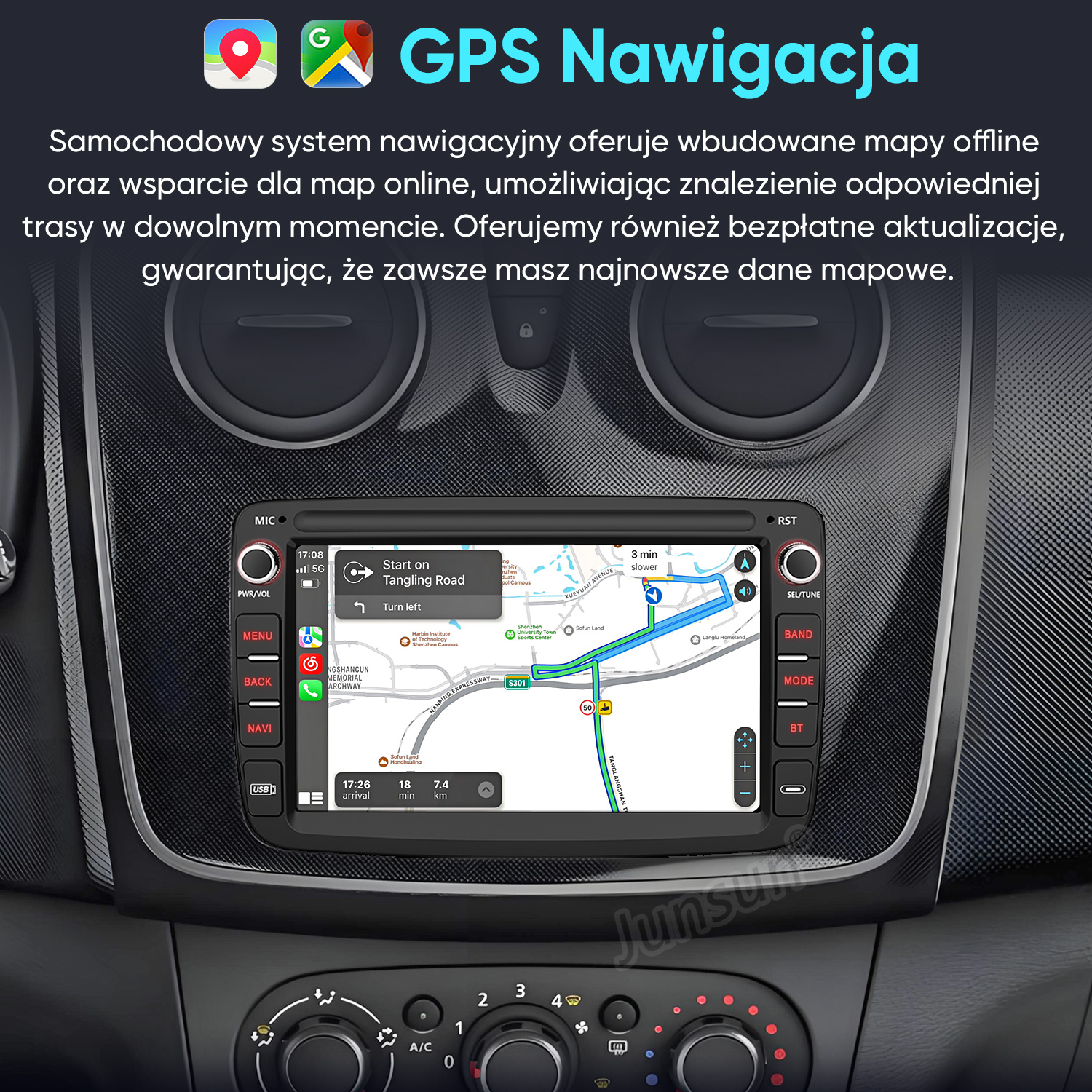 Deska rozdzielcza samochodu z wbudowaną nawigacją GPS pokazującą trasę i wskazówki dojazdu.
