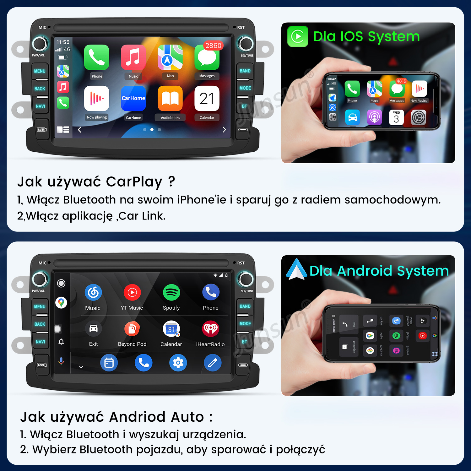 Instrukcje podłączania CarPlay i Android Auto do radia samochodowego.