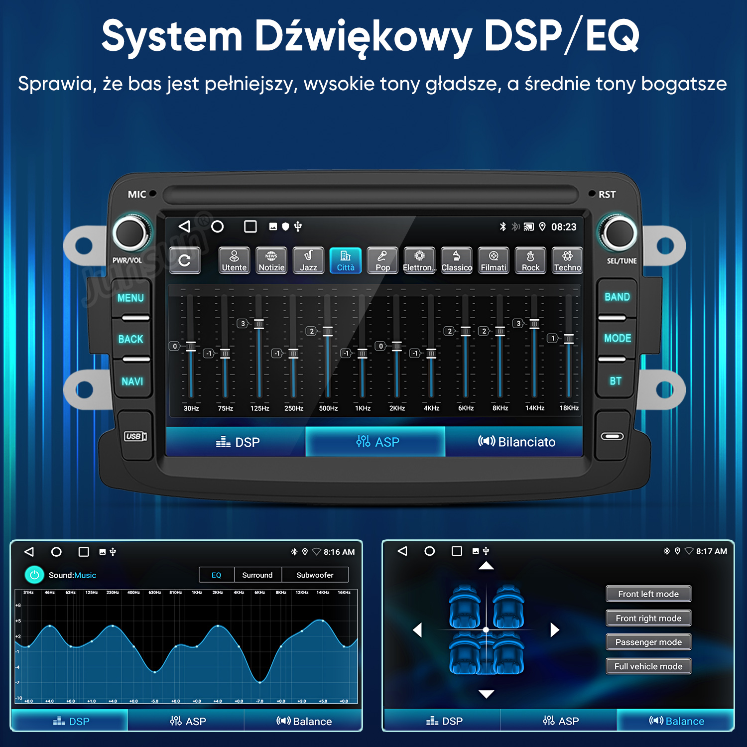 Radio samochodowe z ekranem dotykowym wyświetlające korektor dźwięku i ustawienia DSP na niebieskim tle.
