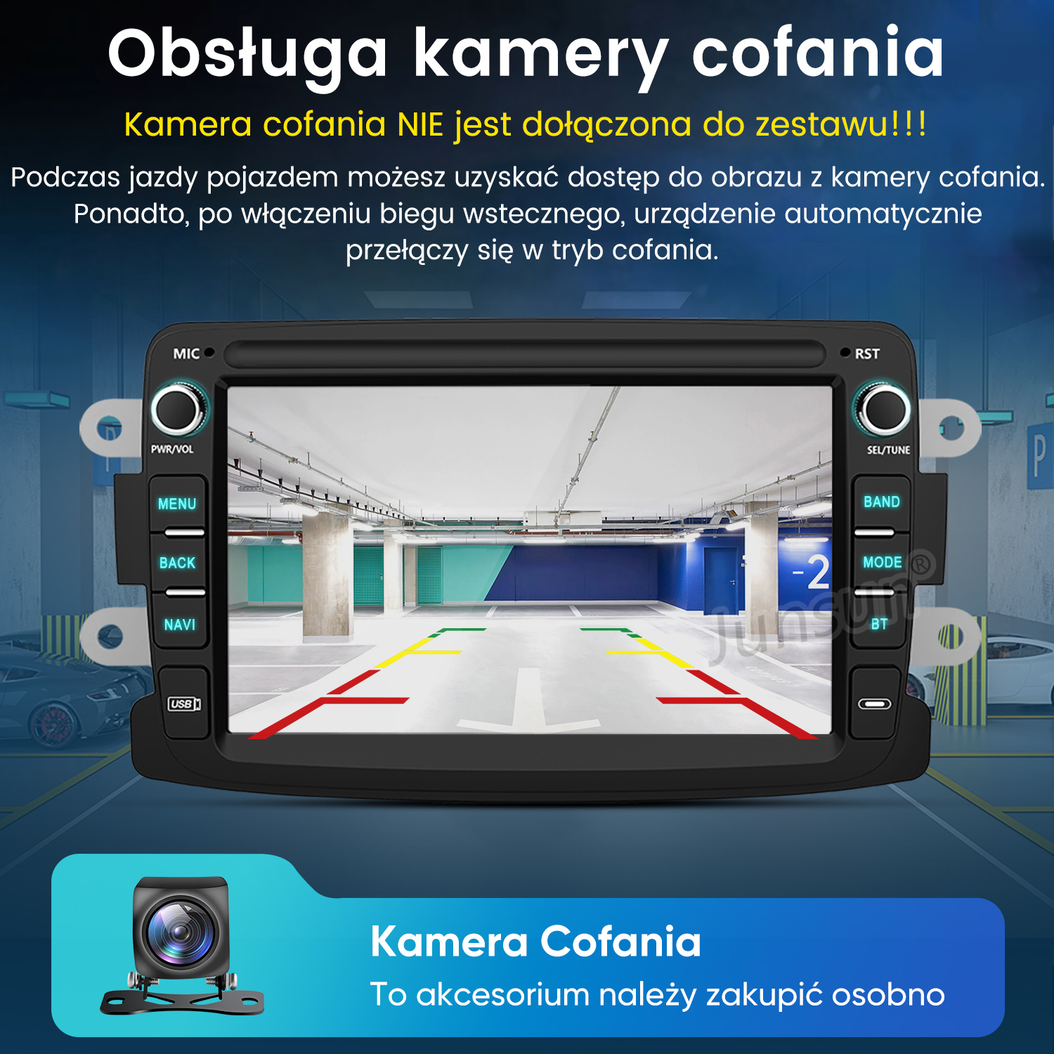 Radio samochodowe z ekranem dotykowym pokazuje widok z kamery cofania na parkingu podziemnym.