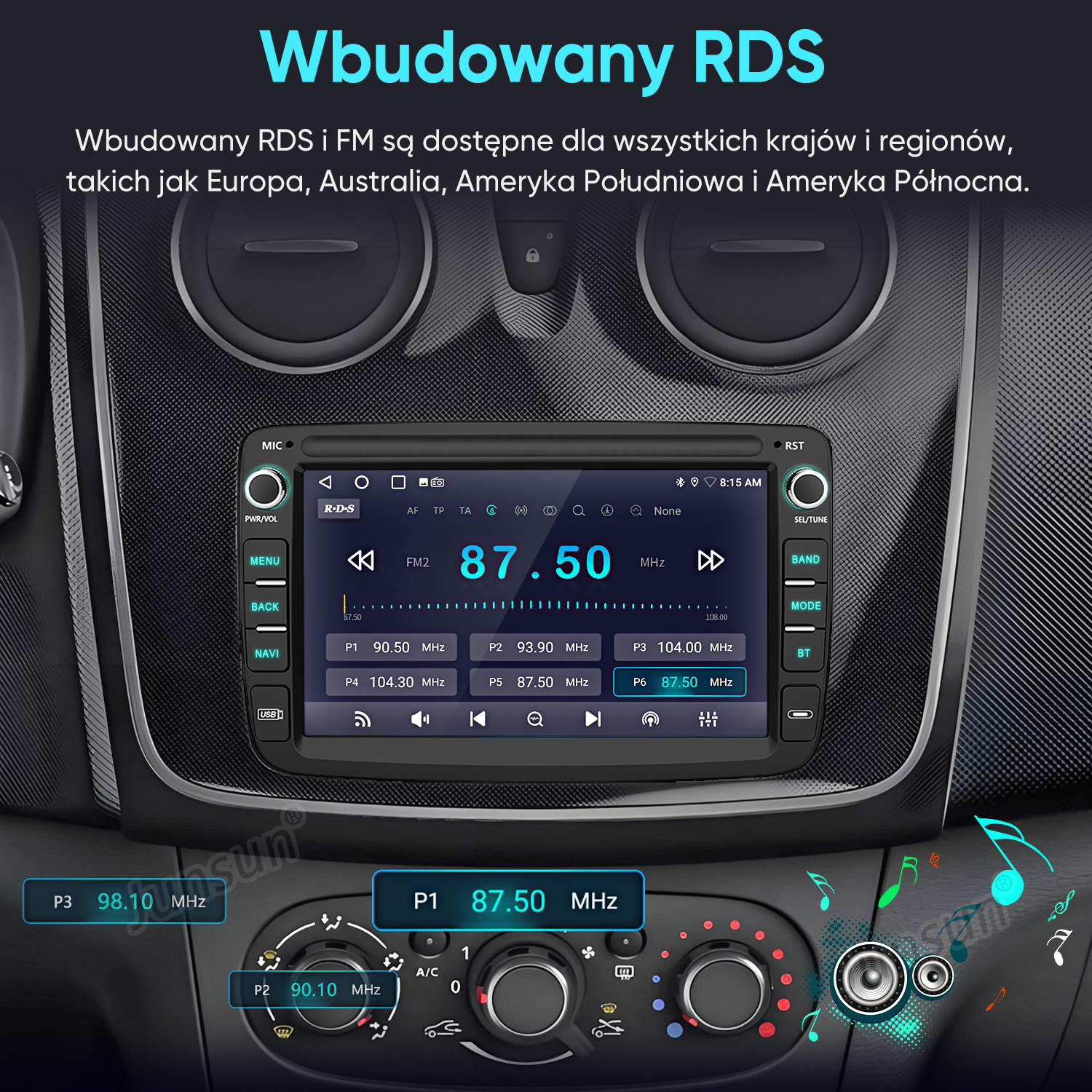 Deska rozdzielcza samochodu z cyfrowym radiem dotykowym, częstotliwością FM 87,50 MHz i pokrętłami.