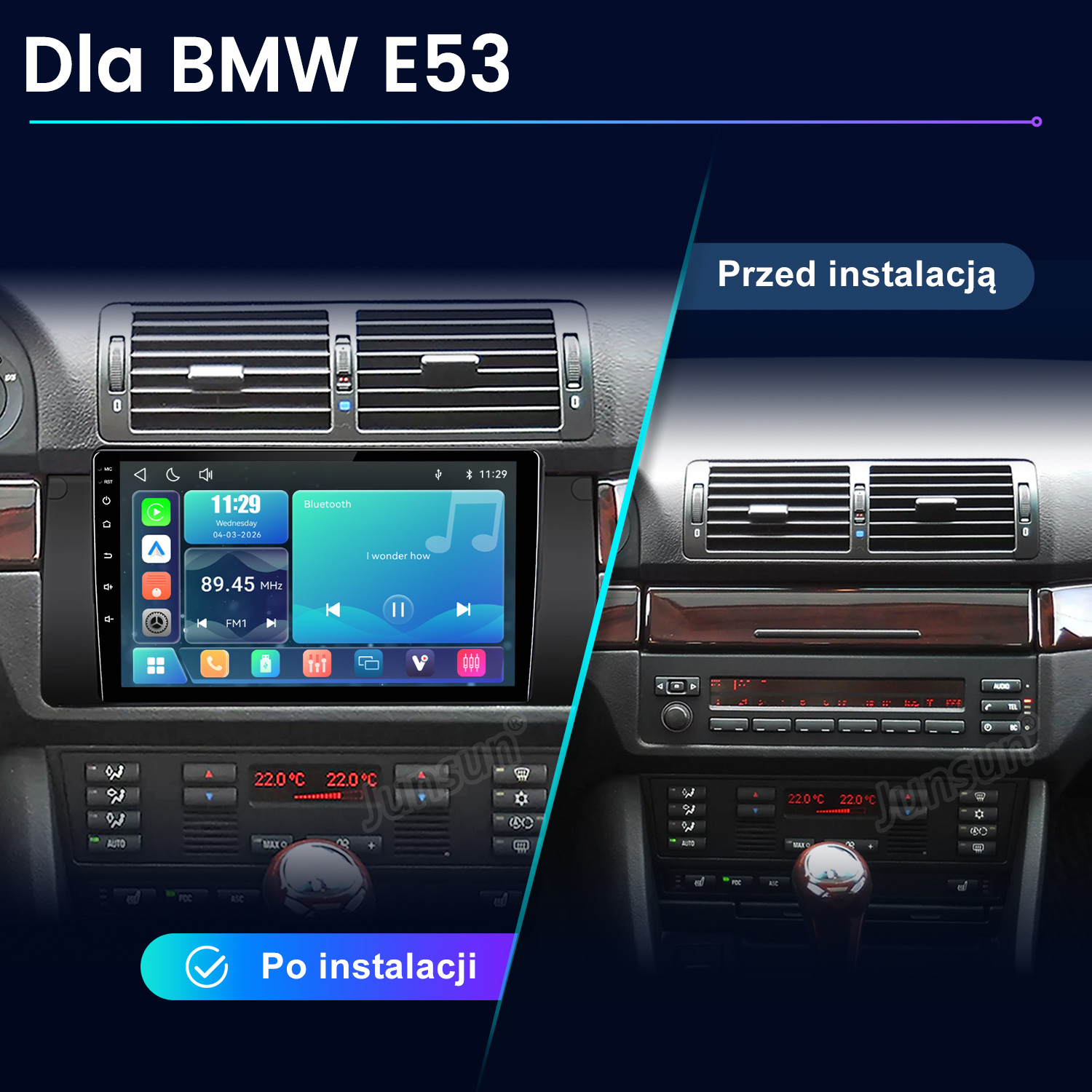 Porównanie konsoli środkowej BMW E53 przed i po instalacji nowego radia dotykowego.