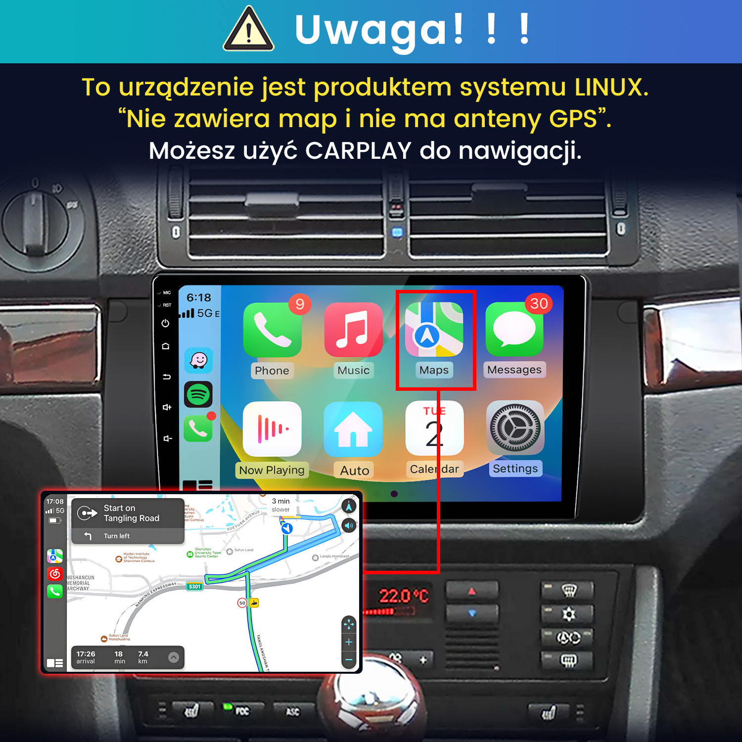 Ekran Linux CarPlay w samochodzie z ikonami aplikacji i mapą w lewym dolnym rogu.