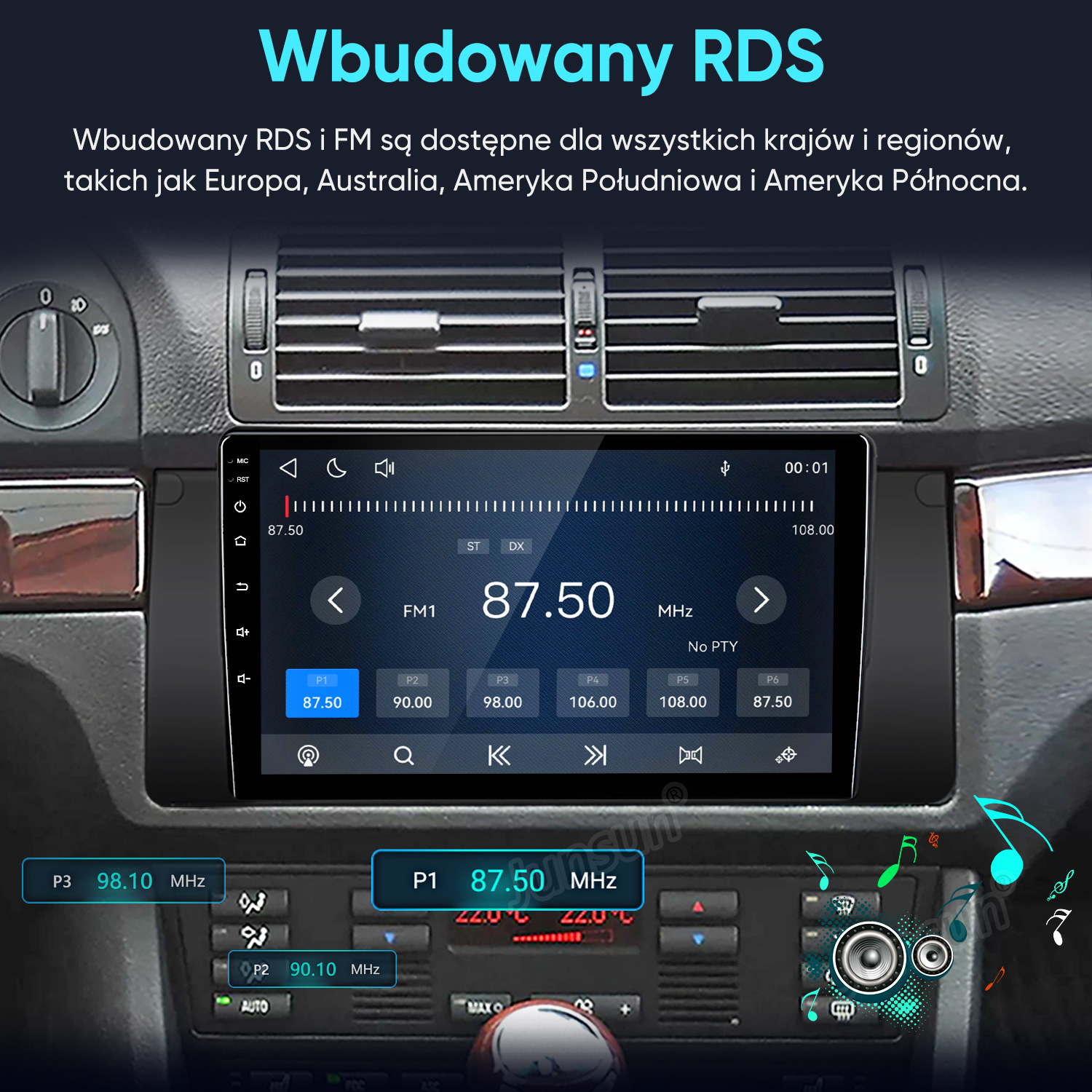 Deska rozdzielcza samochodu z cyfrowym radiem dotykowym pokazującym stację radiową FM 87,50 MHz.