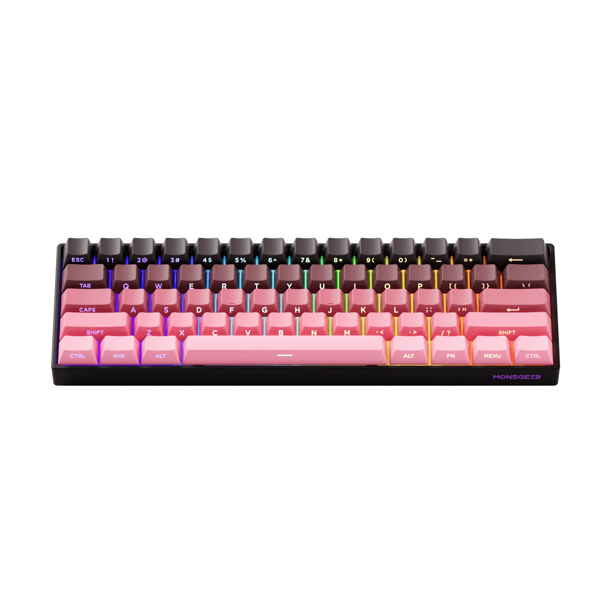Kompaktowa klawiatura mechaniczna z różowymi i brązowymi klawiszami oraz żywym podświetleniem RGB.