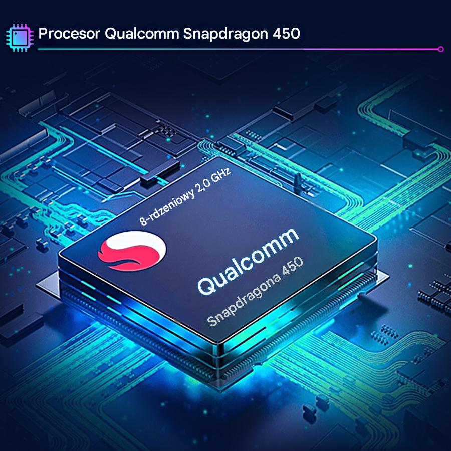 Układ procesora Qualcomm Snapdragon 450 zamontowany na świecącej niebieskiej płytce drukowanej.