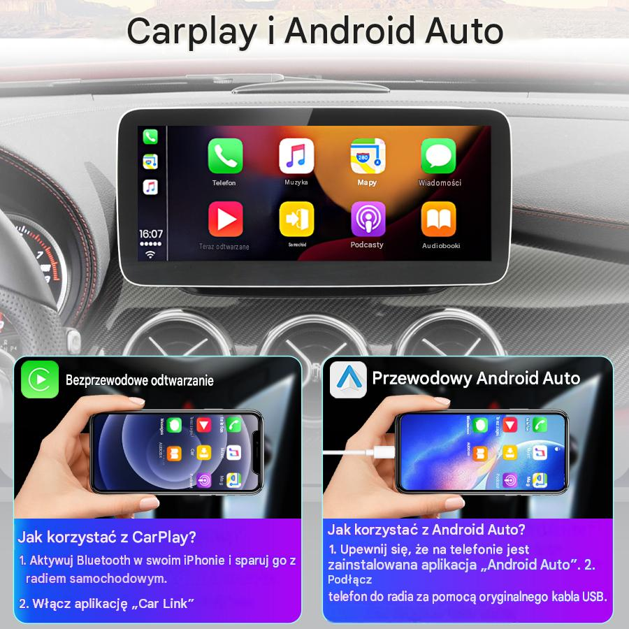Ekran multimedialny w samochodzie z CarPlay i Android Auto, zilustrowany telefonami i tekstami instrukcji.