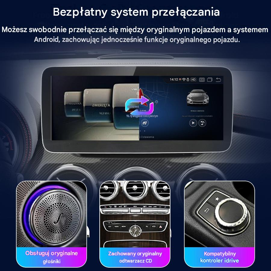 Deska rozdzielcza z cyfrowym ekranem przełączającym między systemem Android a oryginalnym.