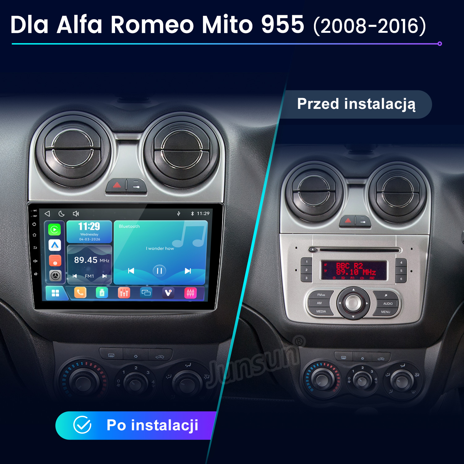 Porównanie deski rozdzielczej Alfa Romeo Mito przed i po instalacji nowego radia z dotykowym ekranem.