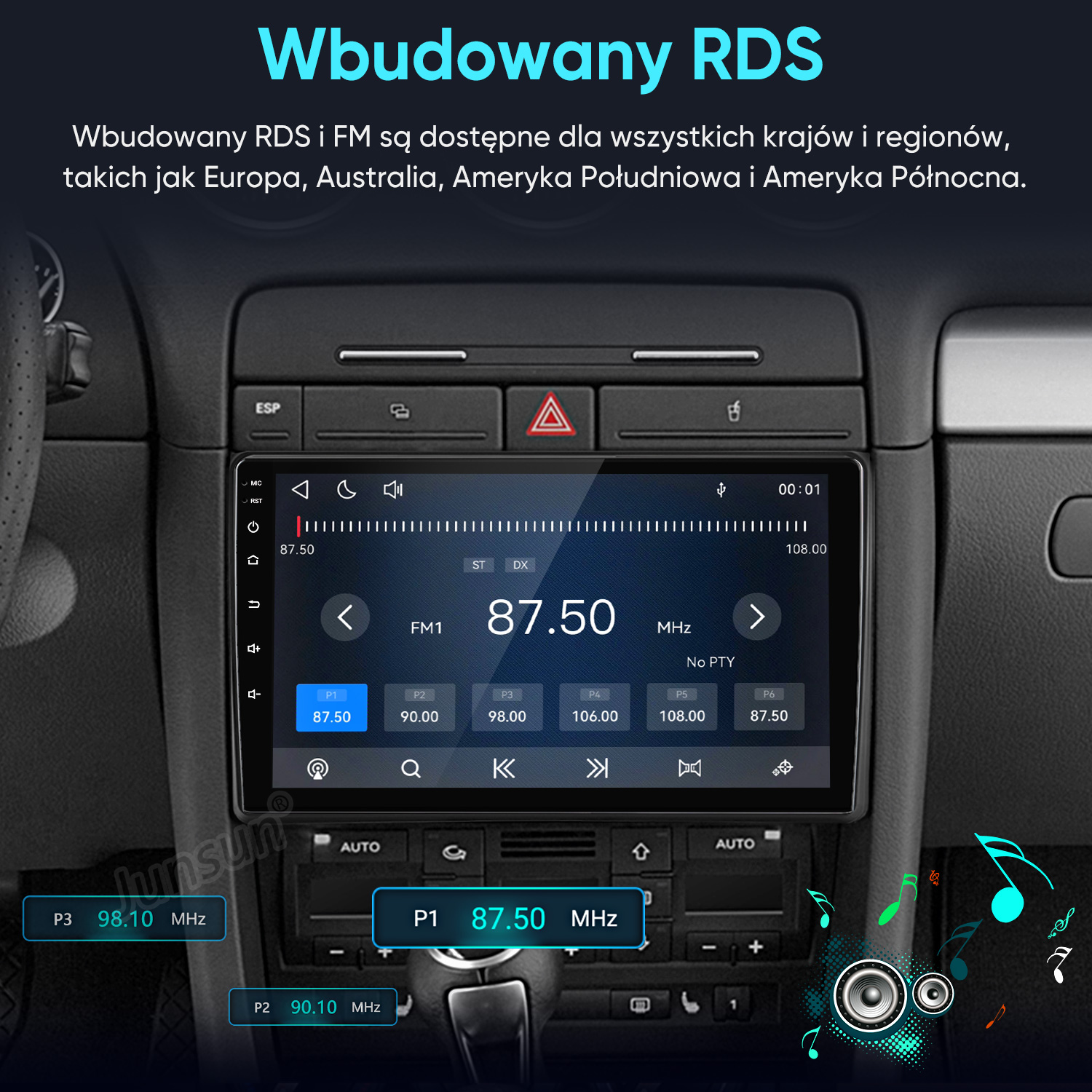 Ekran radiowy samochodu pokazuje częstotliwość radiową FM 87,50 MHz na desce rozdzielczej.