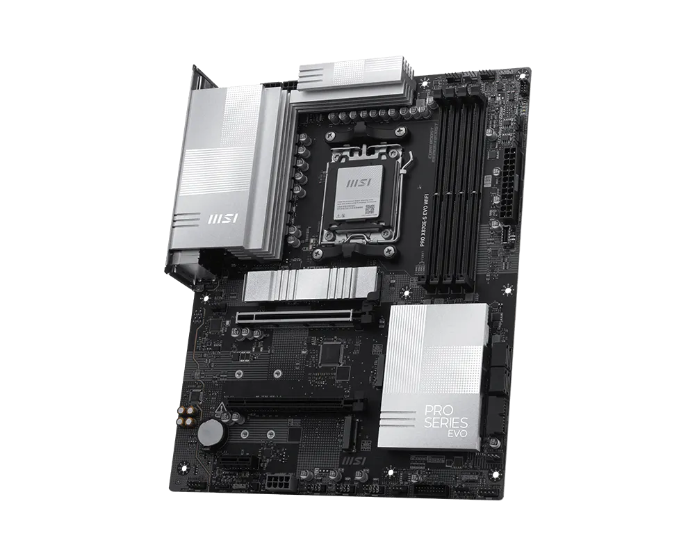 Una scheda madre MSI Pro nera con dissipatori argentati su sfondo nero.