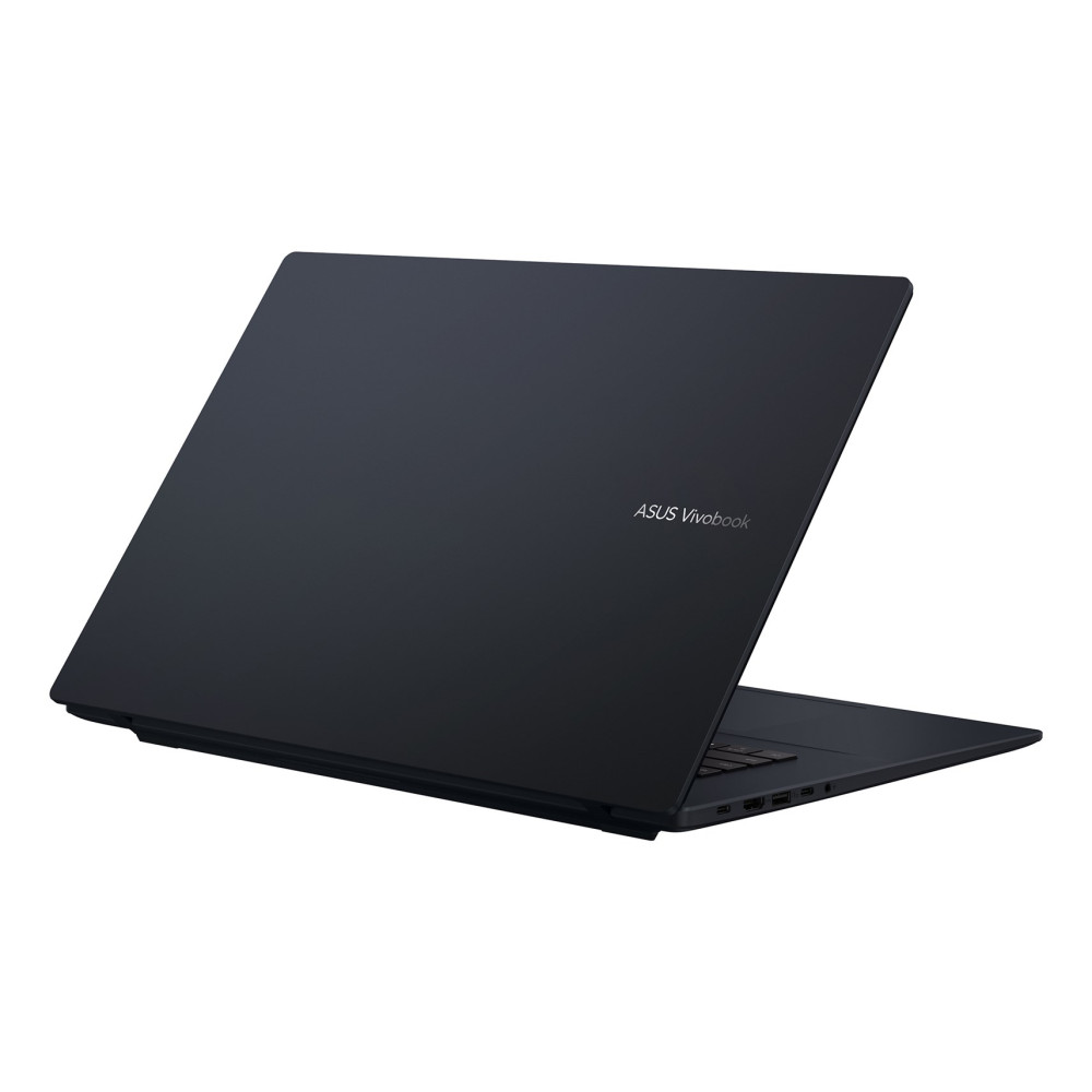 Czarny laptop ASUS Vivobook stoi lekko pod kątem na białej powierzchni.