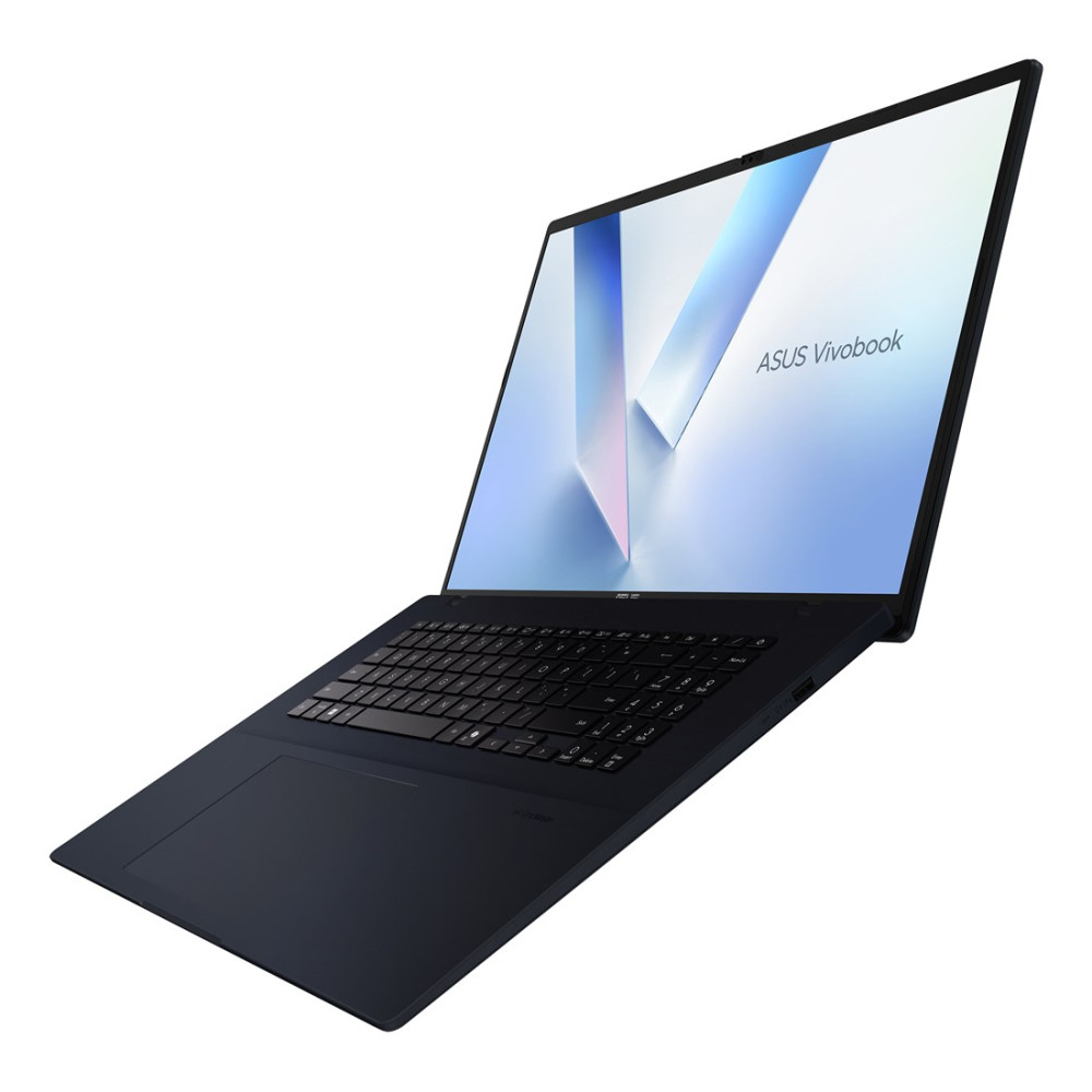 Czarny laptop ASUS Vivobook z otwartym ekranem wyświetla niebieską tapetę na białym tle.
