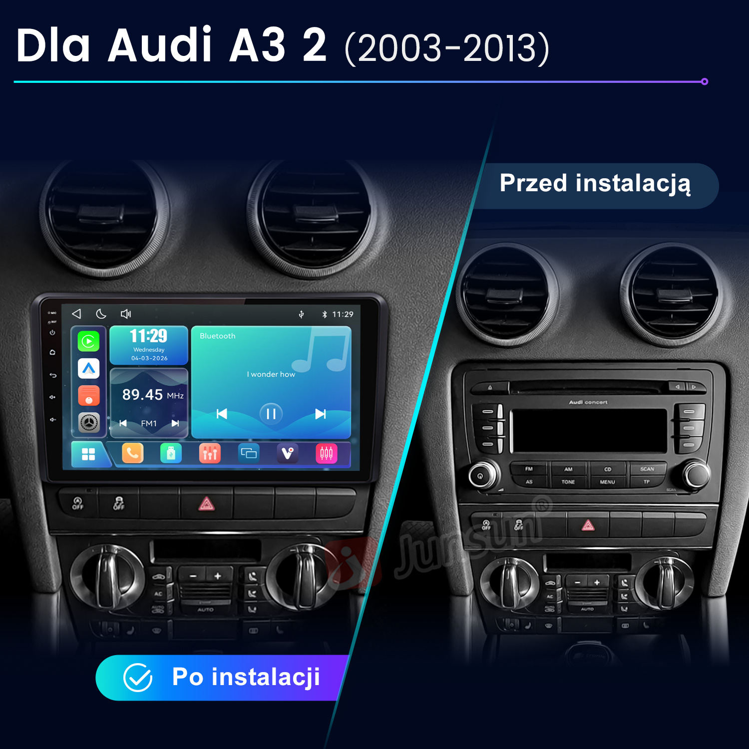Porównanie deski rozdzielczej Audi A3: nowy ekran dotykowy z lewej, stare radio fabryczne z prawej.