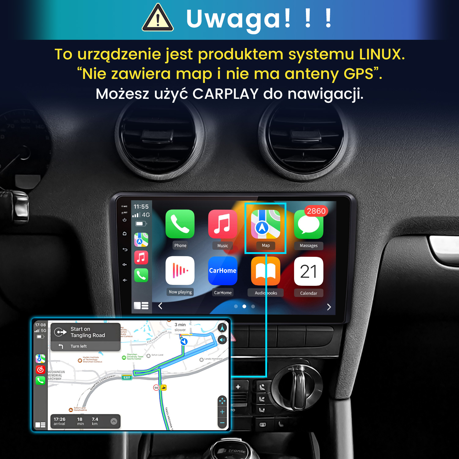 Deska rozdzielcza samochodu z cyfrowym ekranem systemów informacyjno-rozrywkowych i mapą.
