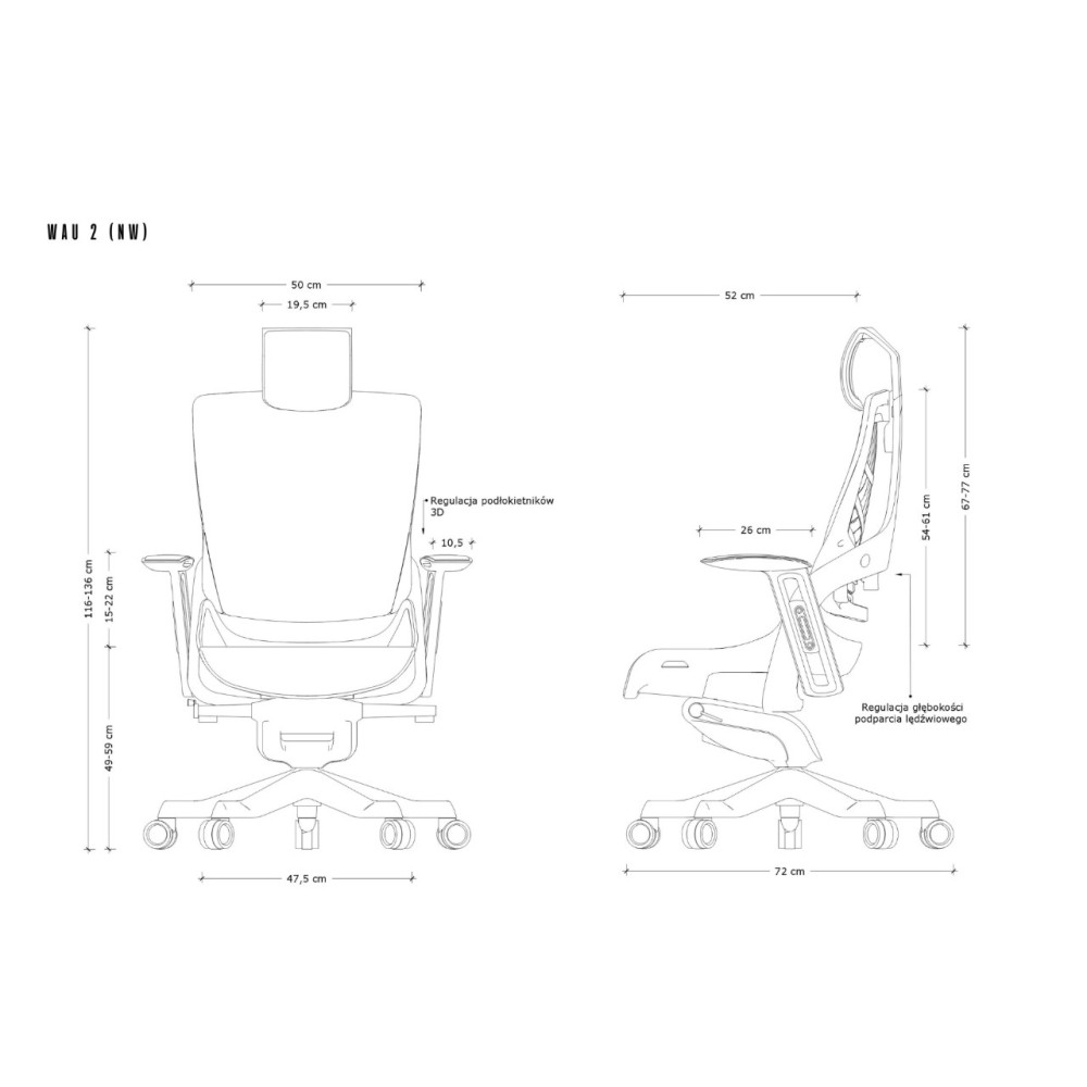 Rysunek techniczny krzesła ergonomicznego z wymiarami w centymetrach, widok z przodu i z boku.