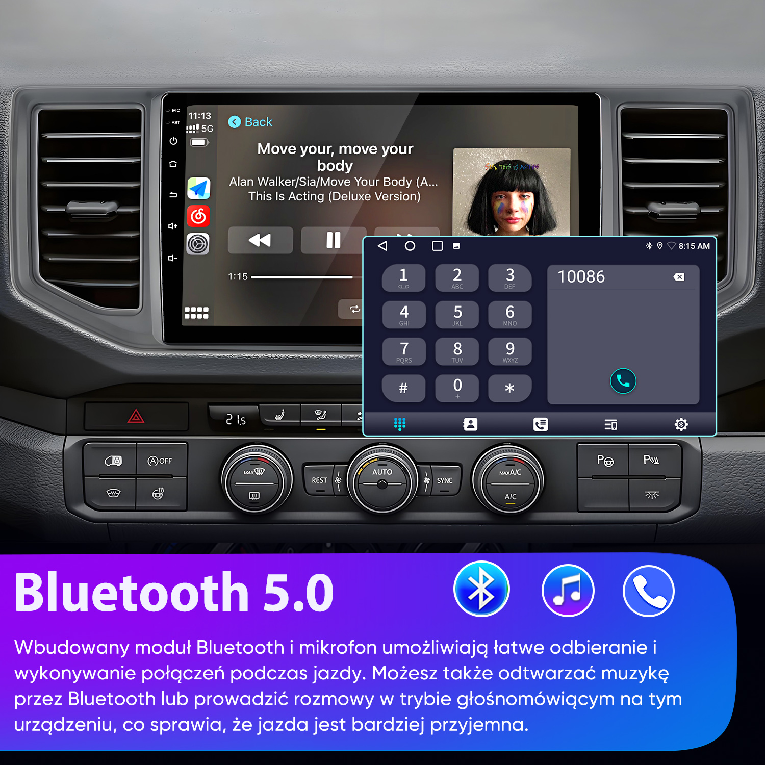 Ekran samochodowy pokazuje muzykę i klawiaturę z tekstem o Bluetooth 5.0.