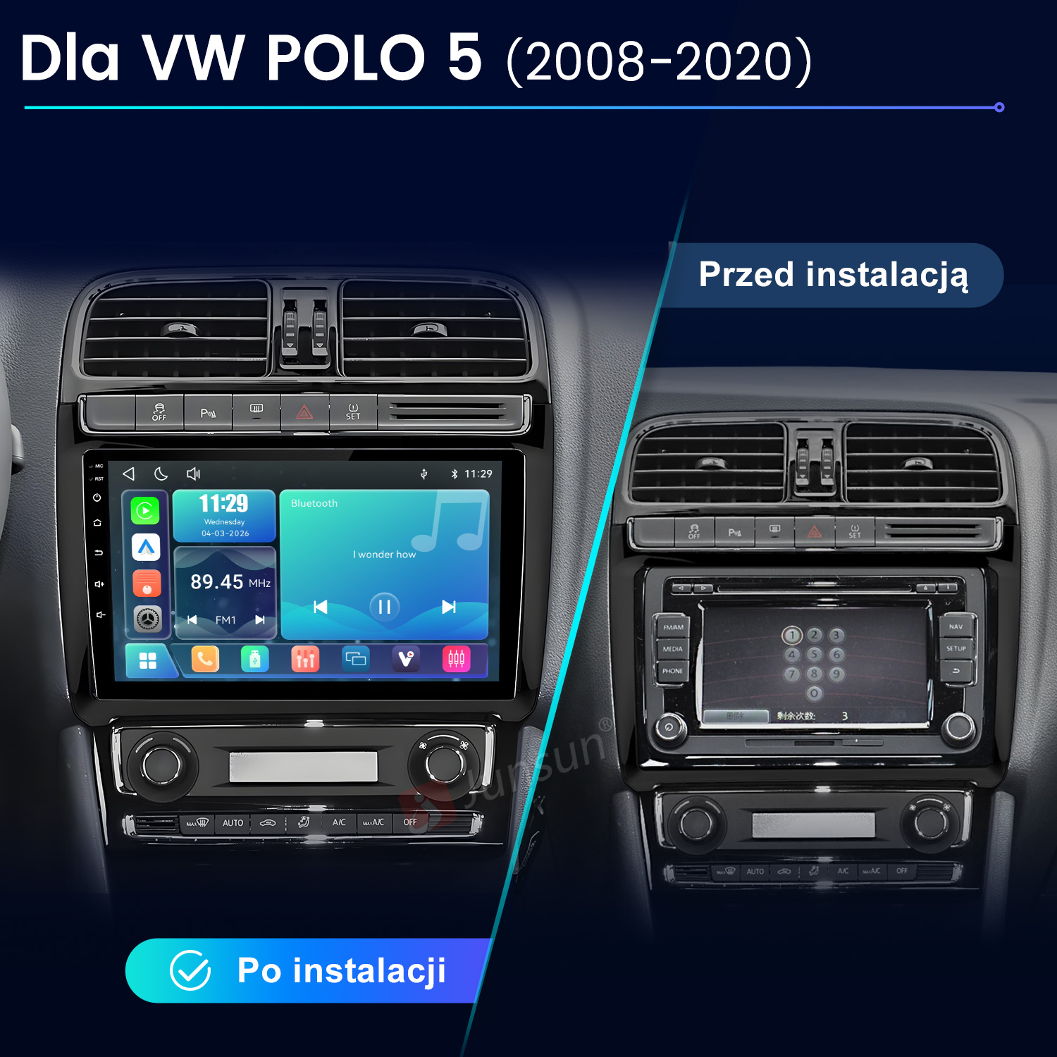 Porównanie deski rozdzielczej VW Polo 5 przed i po instalacji radia samochodowego.