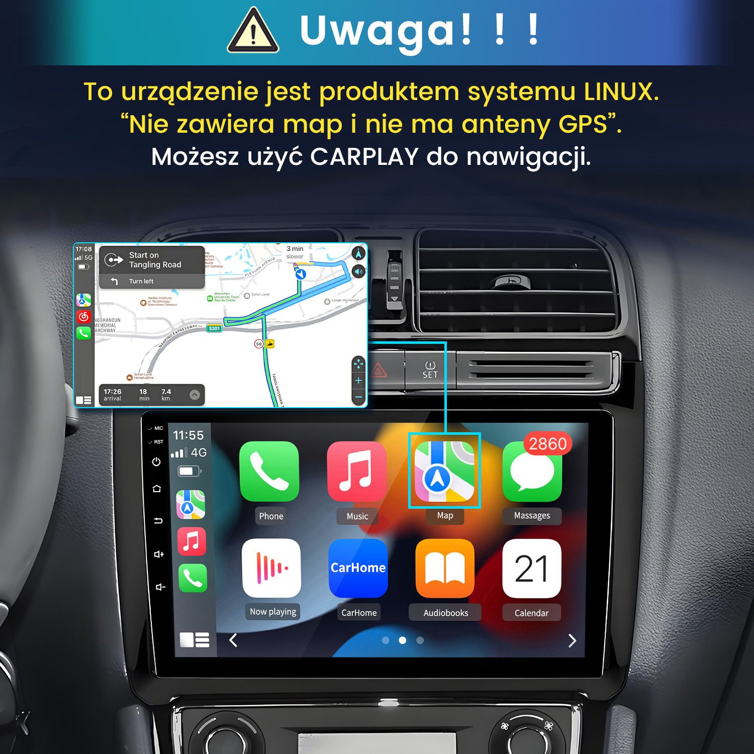 Radio samochodowe z systemem Linux, nawigacją CarPlay, ikonami aplikacji i polskim ostrzeżeniem.