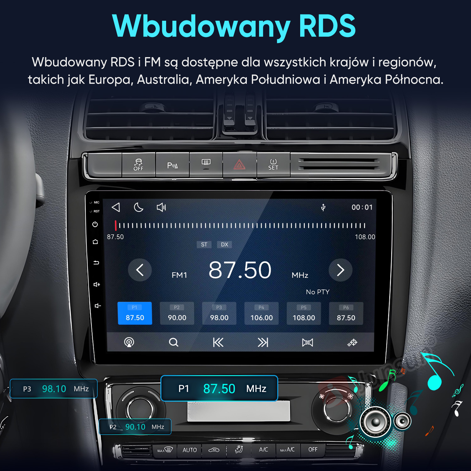 Radio samochodowe z ekranem dotykowym i interfejsem radiowym FM.
