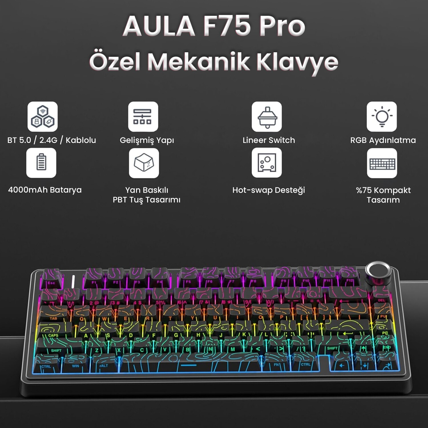 Mechaniczna klawiatura AULA F75 Pro z podświetleniem RGB, wyróżnionym tekstem i ikonami.