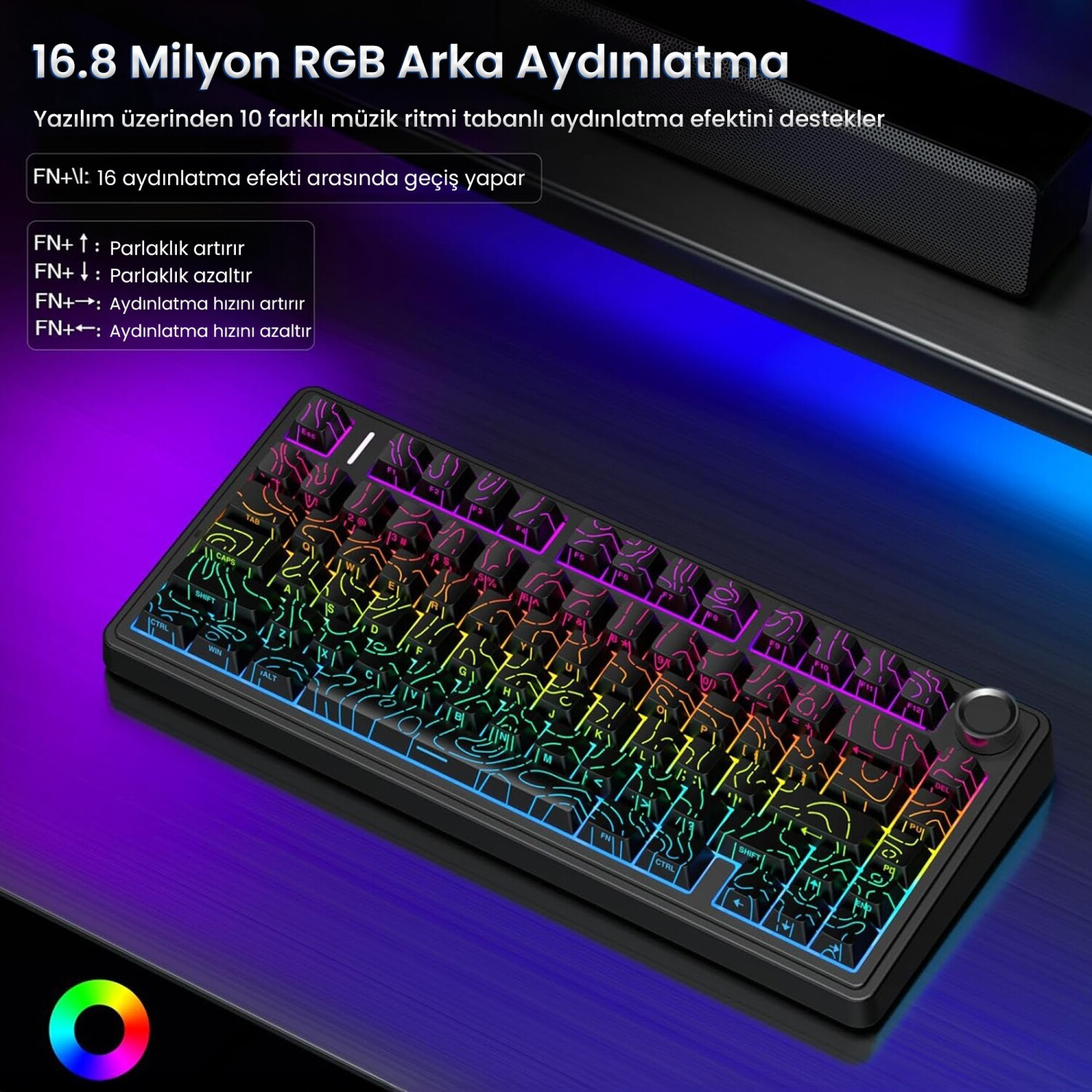 Klawiatura mechaniczna z podświetleniem RGB, niestandardowymi nakładkami i tureckim tekstem.