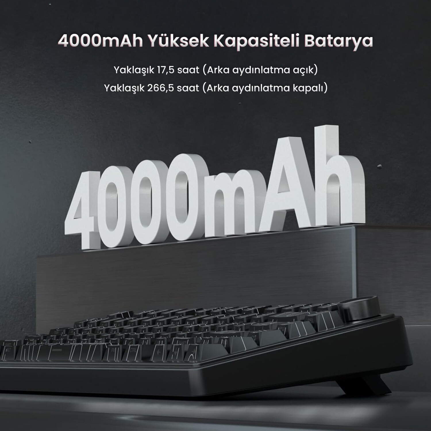 Czarna klawiatura z reklamą baterii 4000mAh na ciemnym tle.