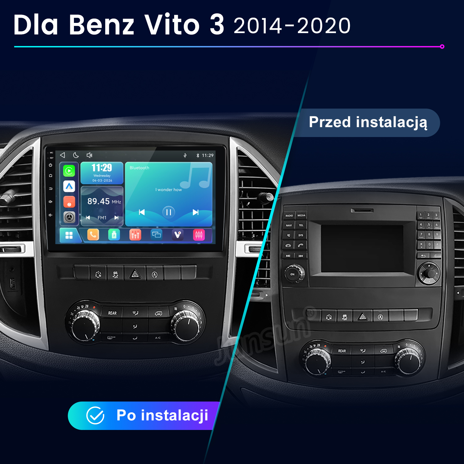 Porównanie deski rozdzielczej Mercedesa Vito przed i po instalacji nowego ekranu dotykowego.