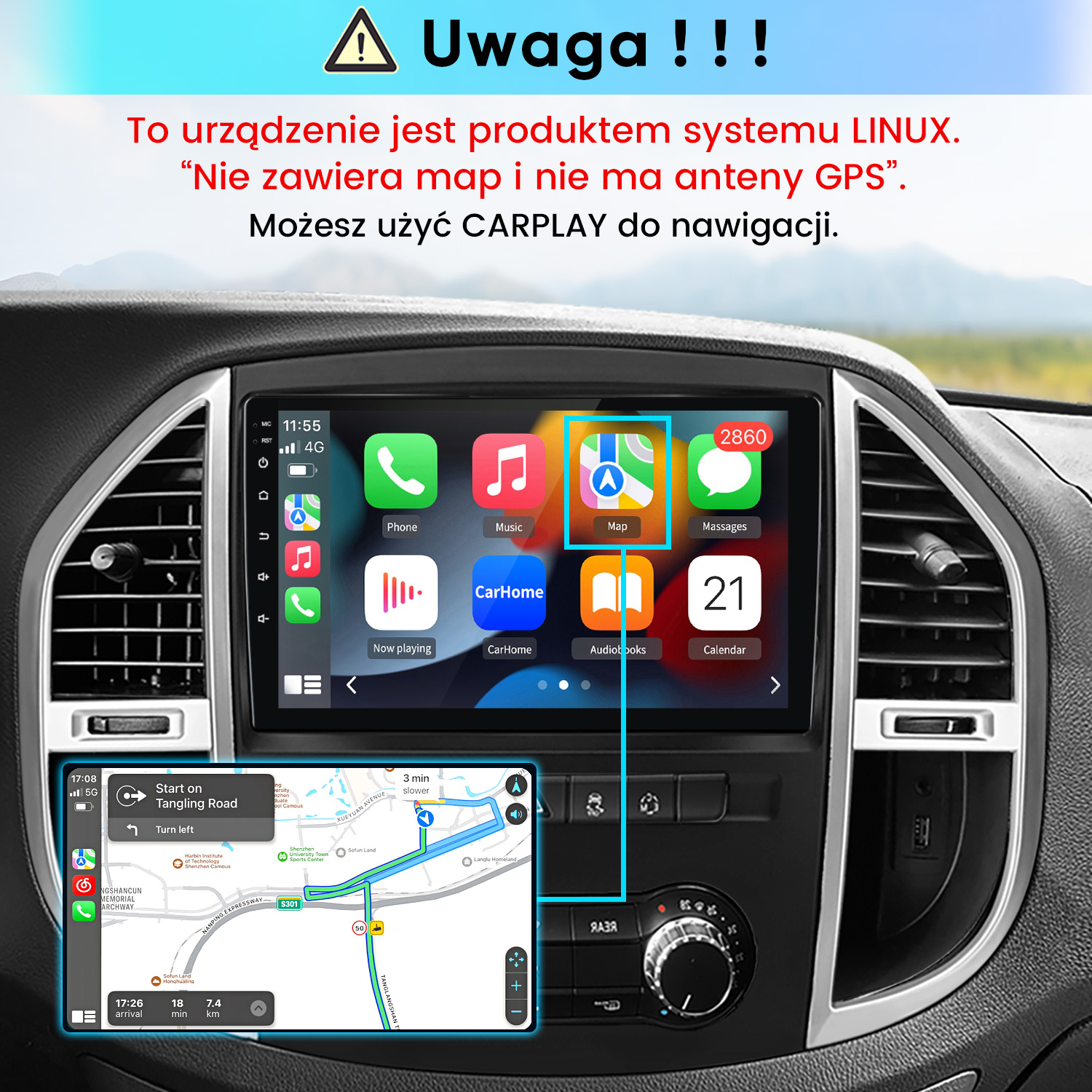 Radio samochodowe Linux z ekranem CarPlay, ikonami aplikacji i ostrzeżeniem GPS.