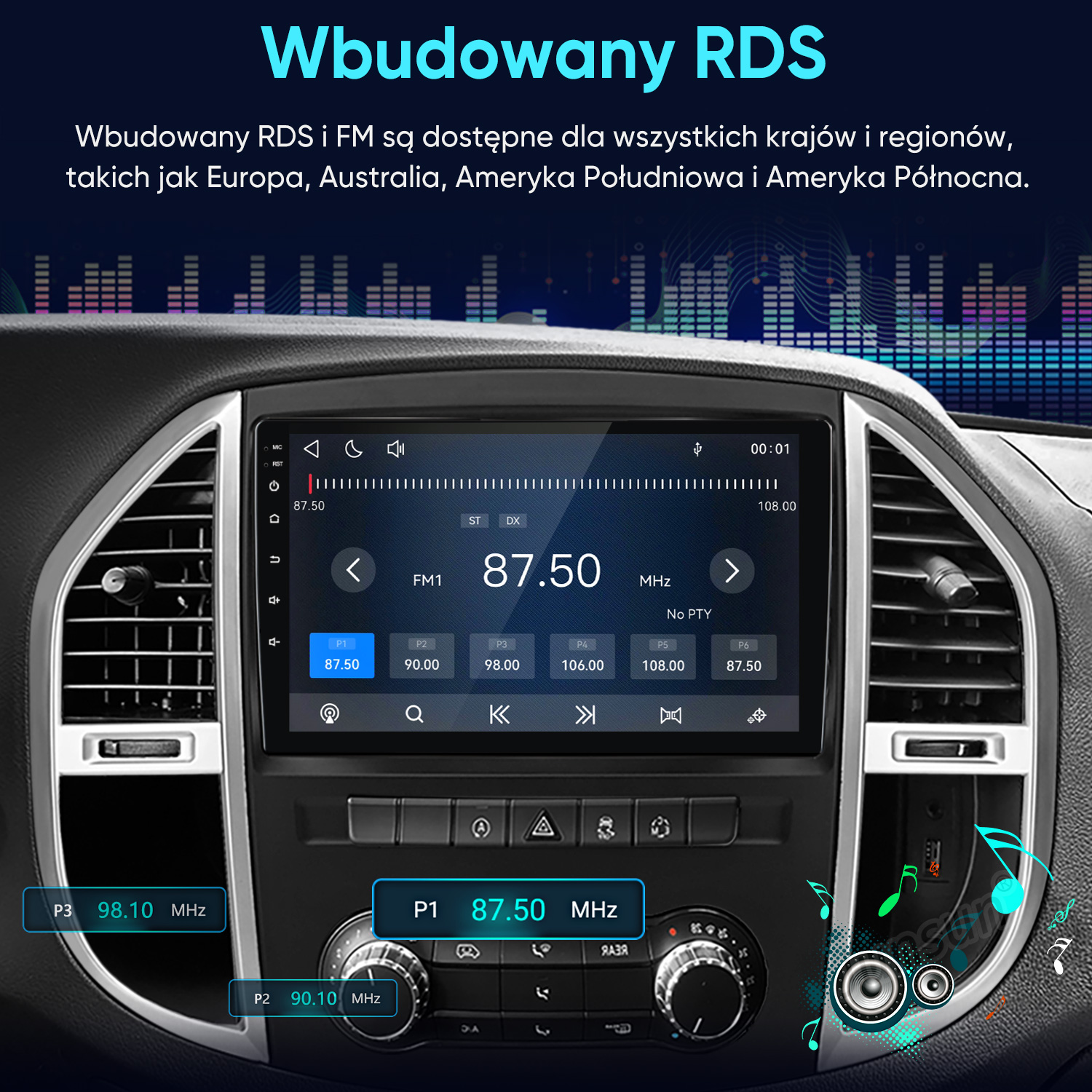 Ekran audio samochodowego wyświetlający interfejs radia FM na desce rozdzielczej.