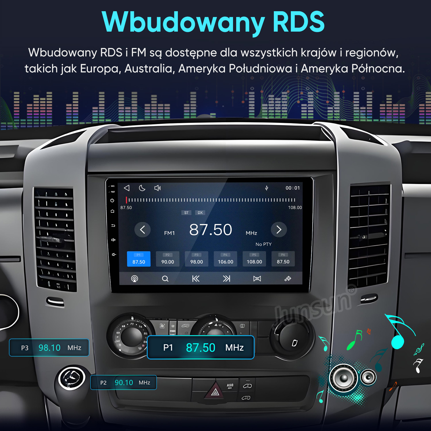 Deska rozdzielcza samochodu z cyfrowym radiem dotykowym pokazującym radio FM na częstotliwości 87,50 MHz.